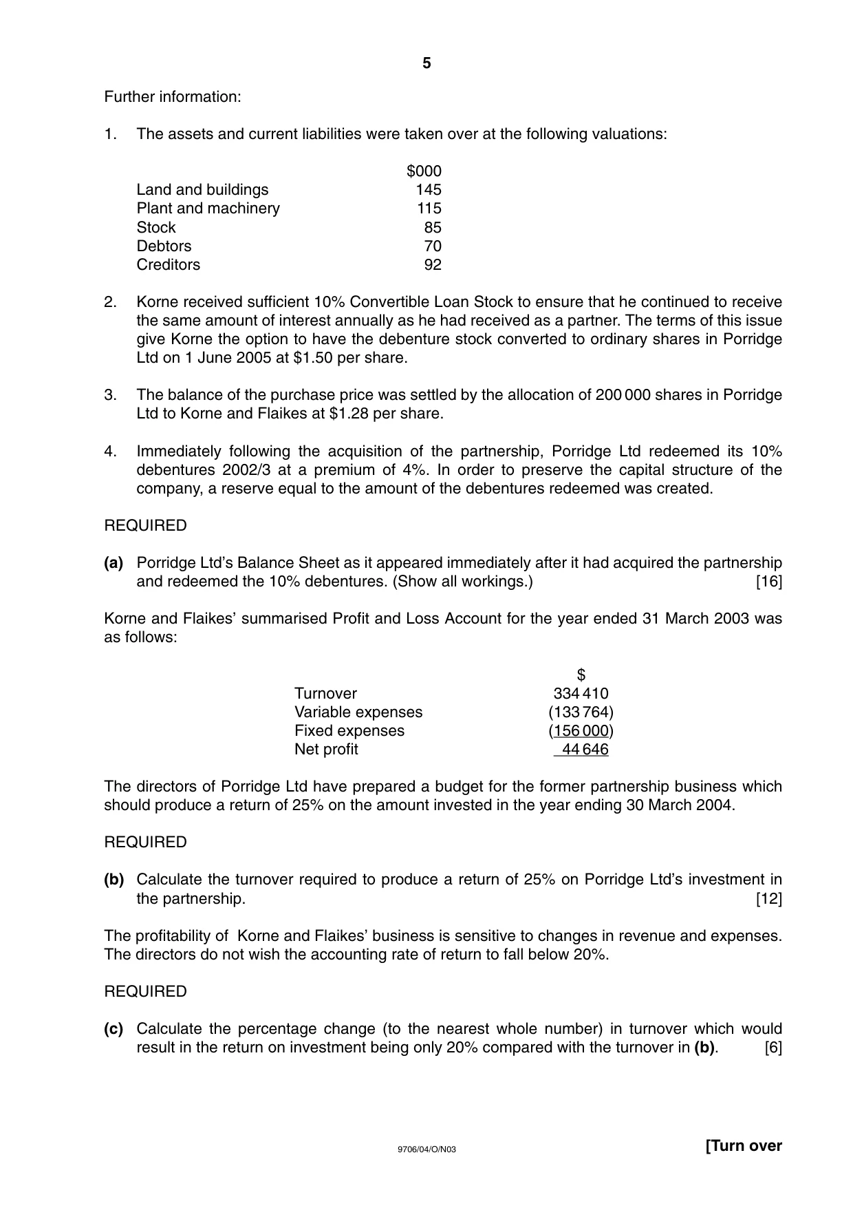 Cambridge A Level Accounting 9706 2003 Oct/Nov Paper 4 · Variant 1 question paper, page 5 of 8