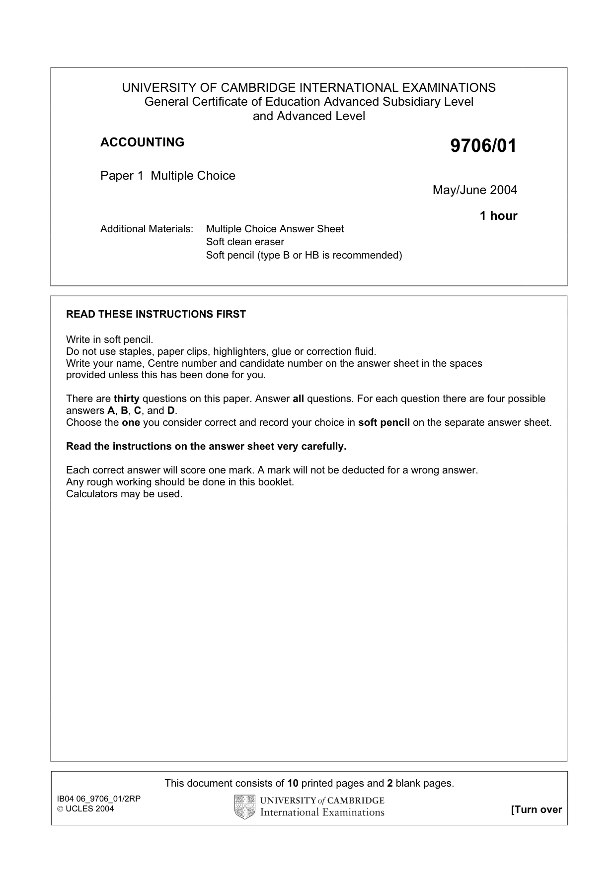 Cambridge A Level Accounting 9706 2004 May/June Paper 1 · Variant 1 question paper, page 1 of 12