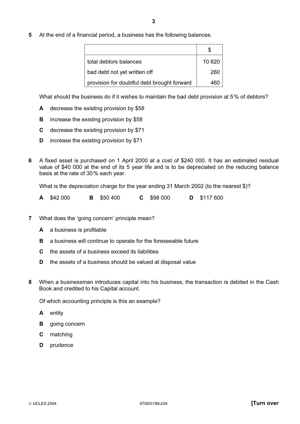Cambridge A Level Accounting 9706 2004 May/June Paper 1 · Variant 1 question paper, page 3 of 12