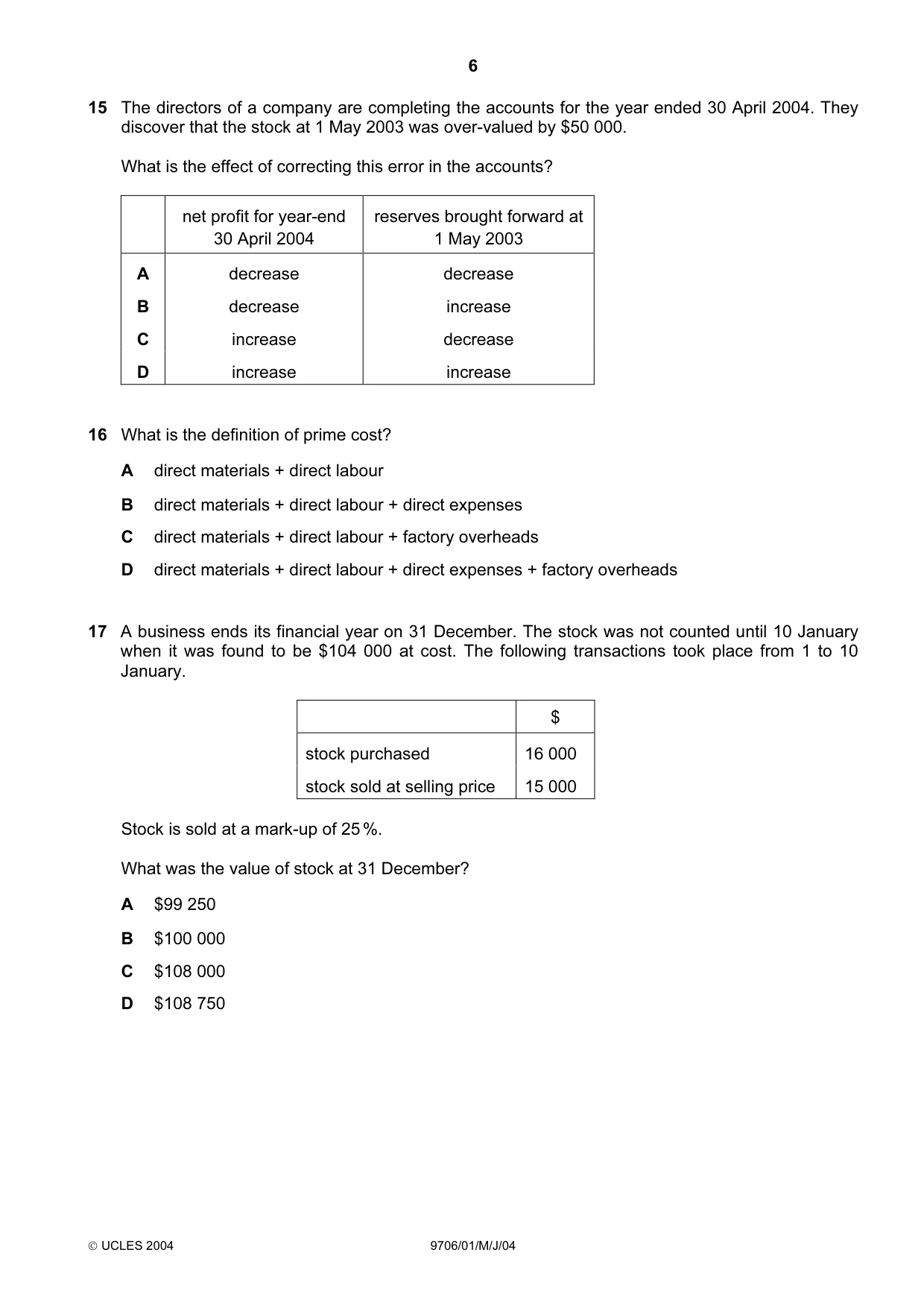 Cambridge A Level Accounting 9706 2004 May/June Paper 1 · Variant 1 question paper, page 6 of 12