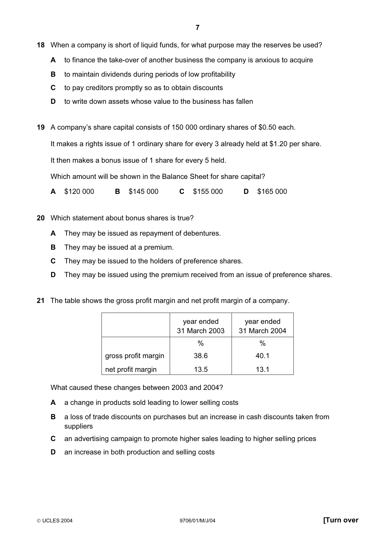 Cambridge A Level Accounting 9706 2004 May/June Paper 1 · Variant 1 question paper, page 7 of 12