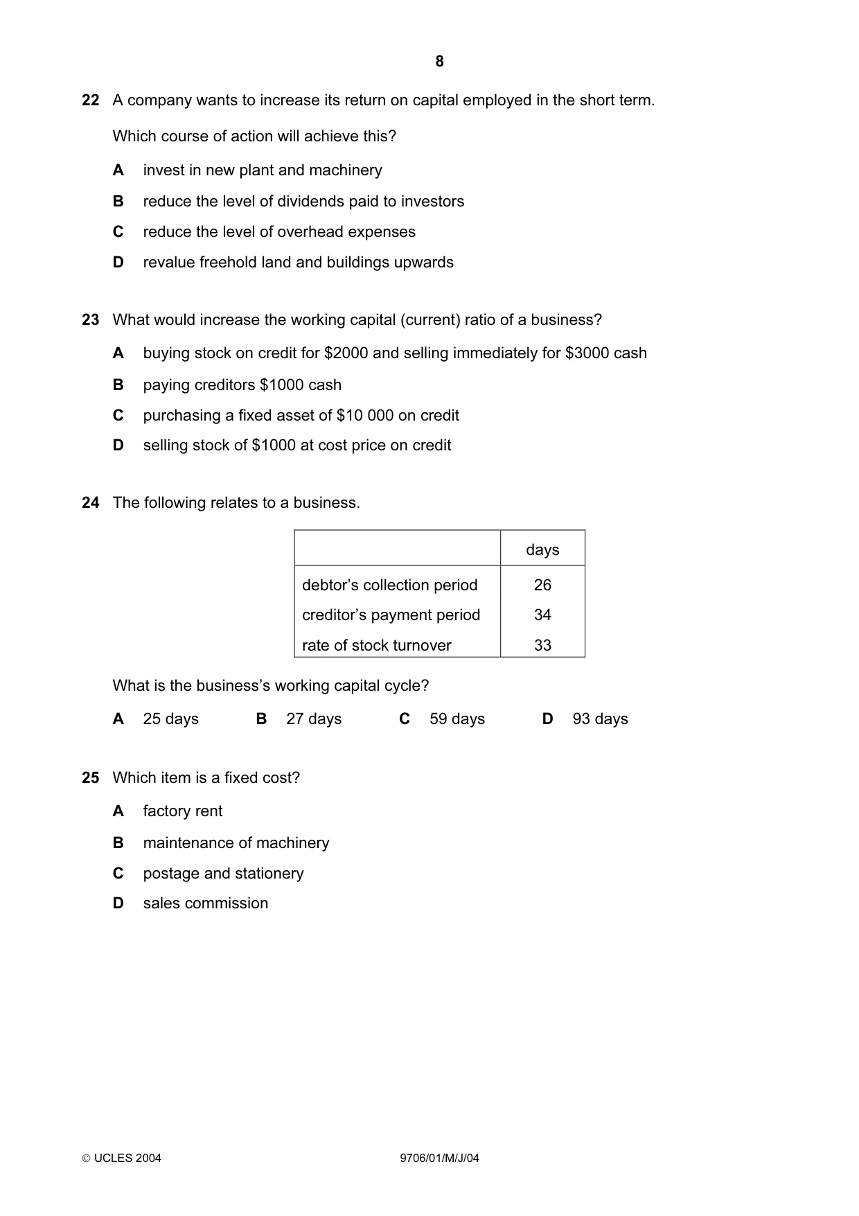 Cambridge A Level Accounting 9706 2004 May/June Paper 1 · Variant 1 question paper, page 8 of 12