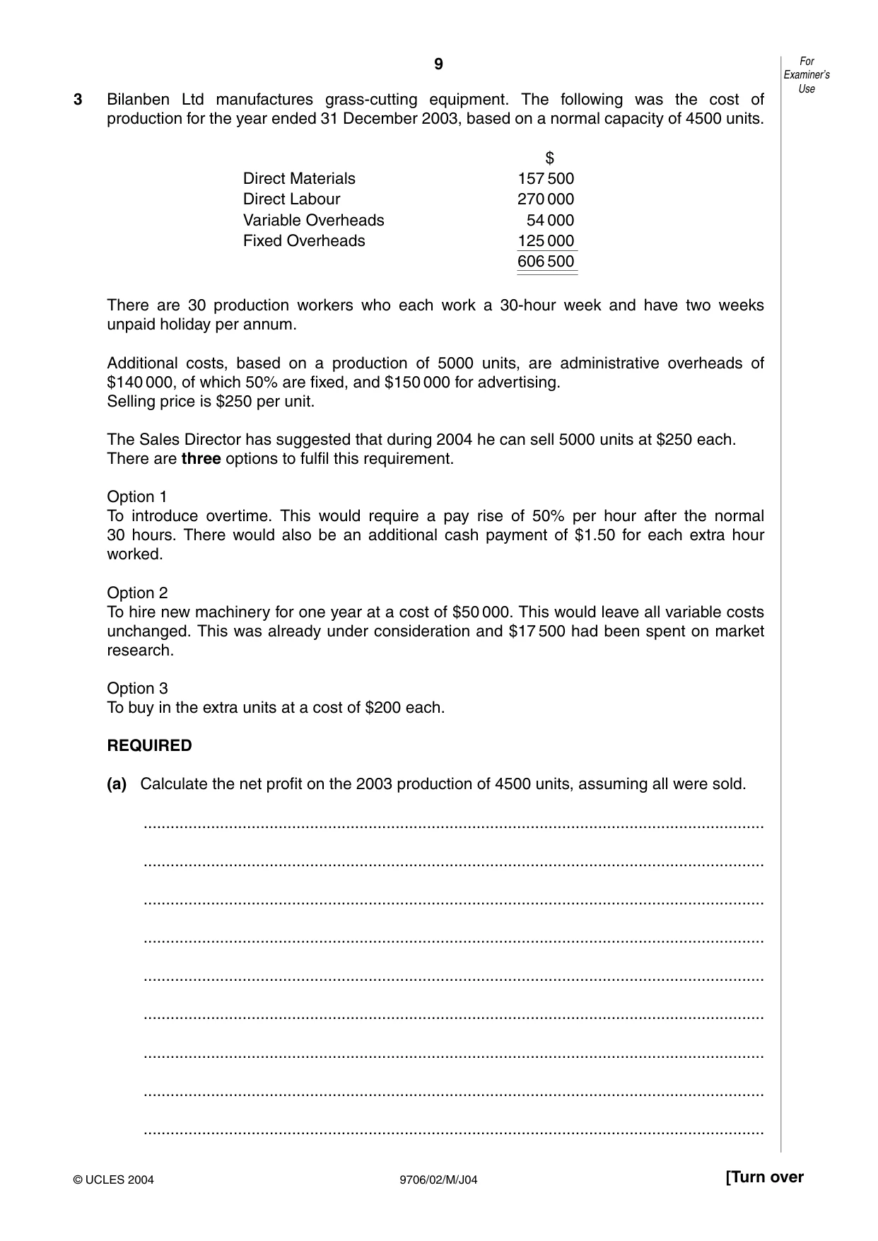 Cambridge A Level Accounting 9706 2004 May/June Paper 2 · Variant 1 question paper, page 9 of 12