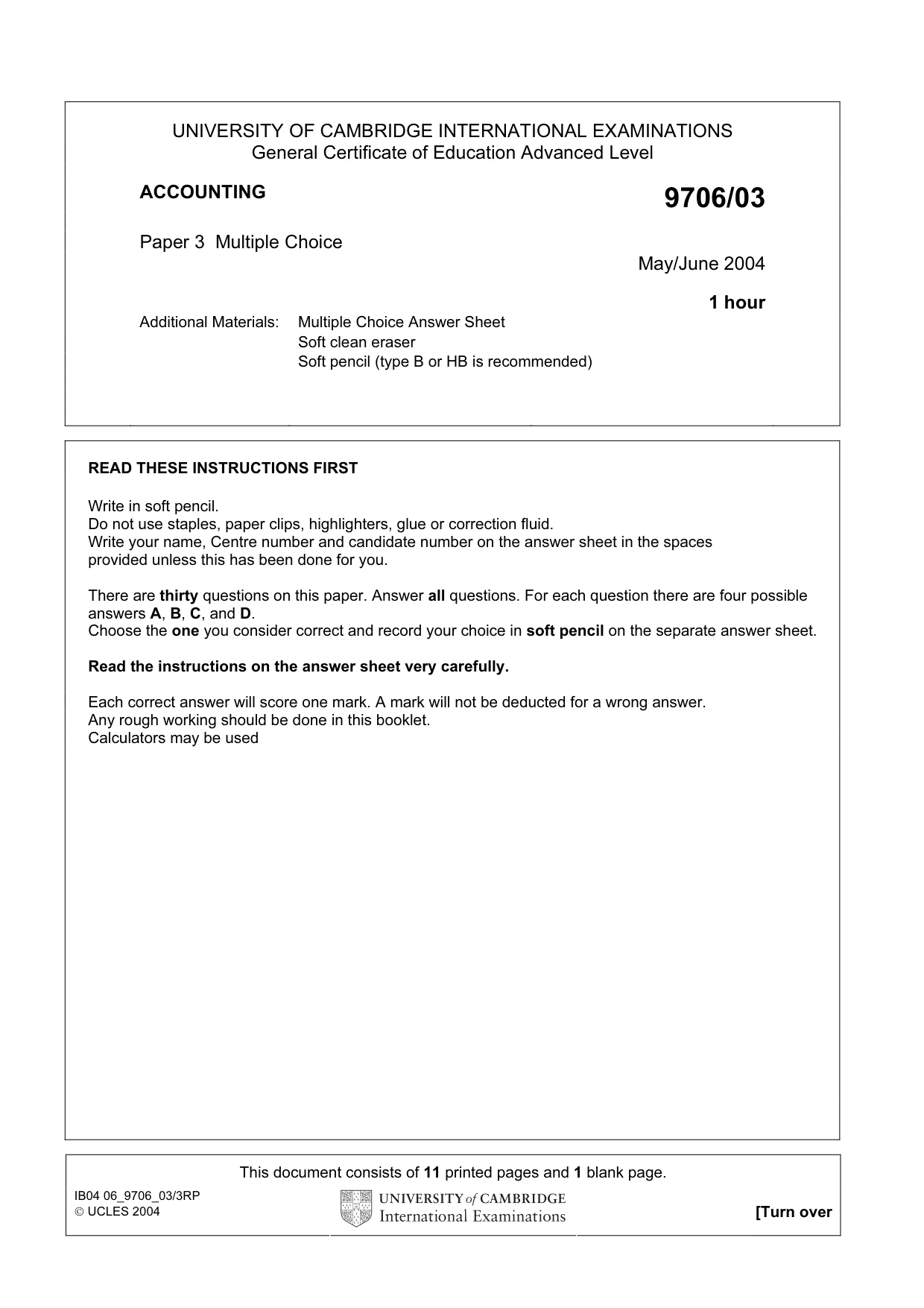Cambridge A Level Accounting 9706 2004 May/June Paper 3 · Variant 1 question paper, page 1 of 12