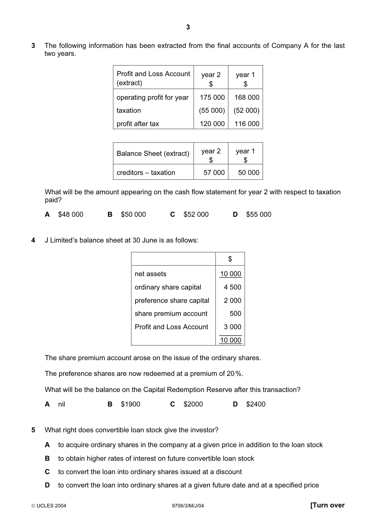 Cambridge A Level Accounting 9706 2004 May/June Paper 3 · Variant 1 question paper, page 3 of 12