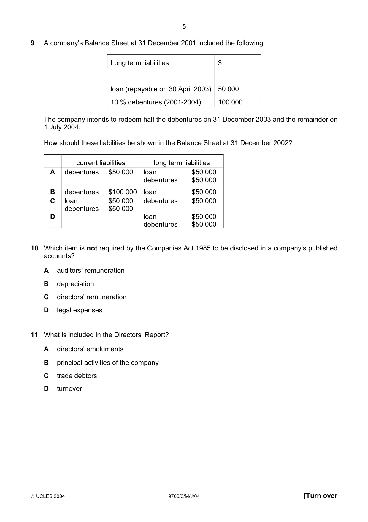 Cambridge A Level Accounting 9706 2004 May/June Paper 3 · Variant 1 question paper, page 5 of 12