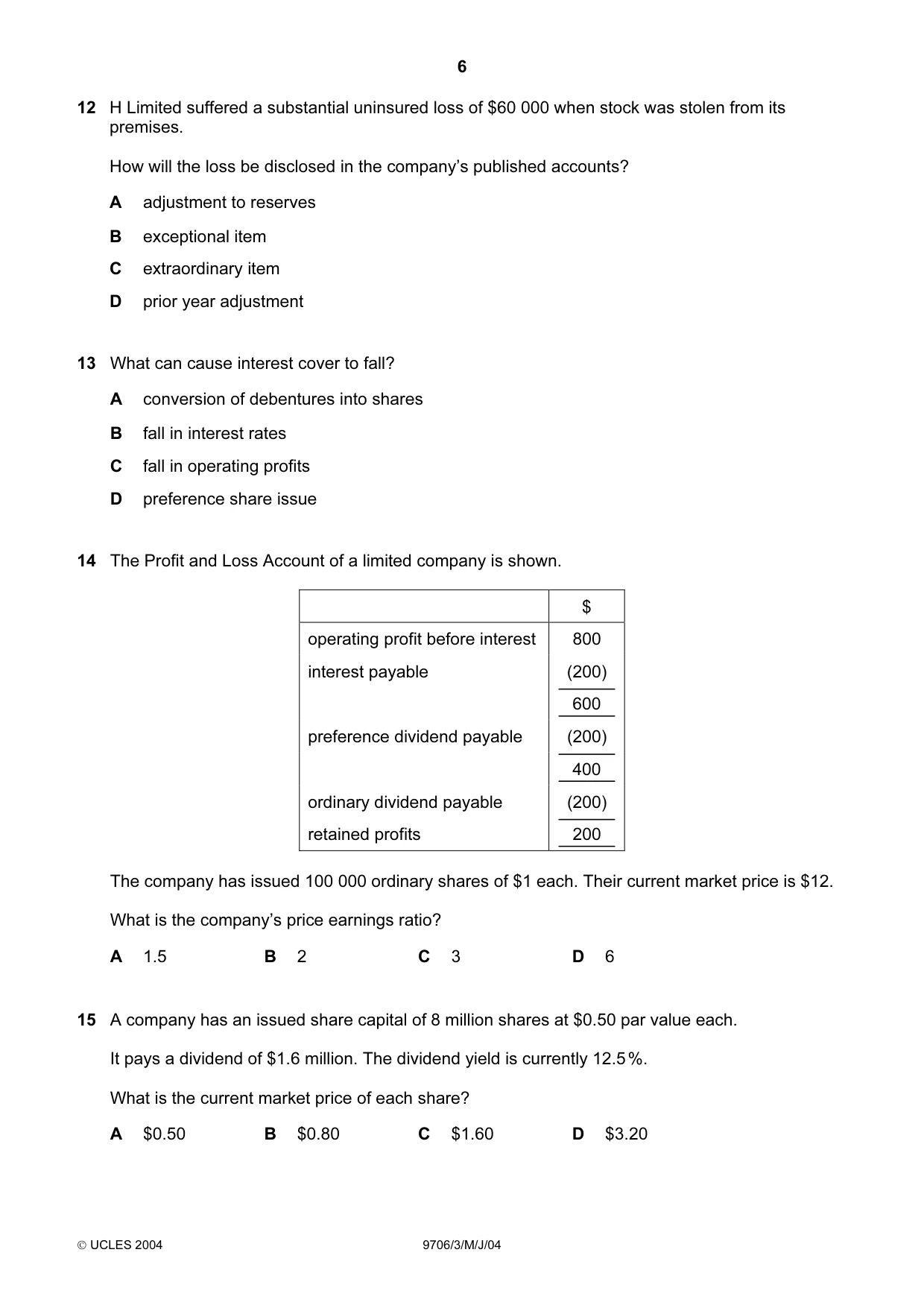 Cambridge A Level Accounting 9706 2004 May/June Paper 3 · Variant 1 question paper, page 6 of 12