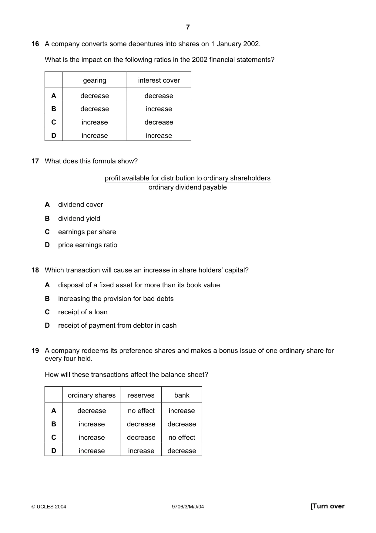 Cambridge A Level Accounting 9706 2004 May/June Paper 3 · Variant 1 question paper, page 7 of 12