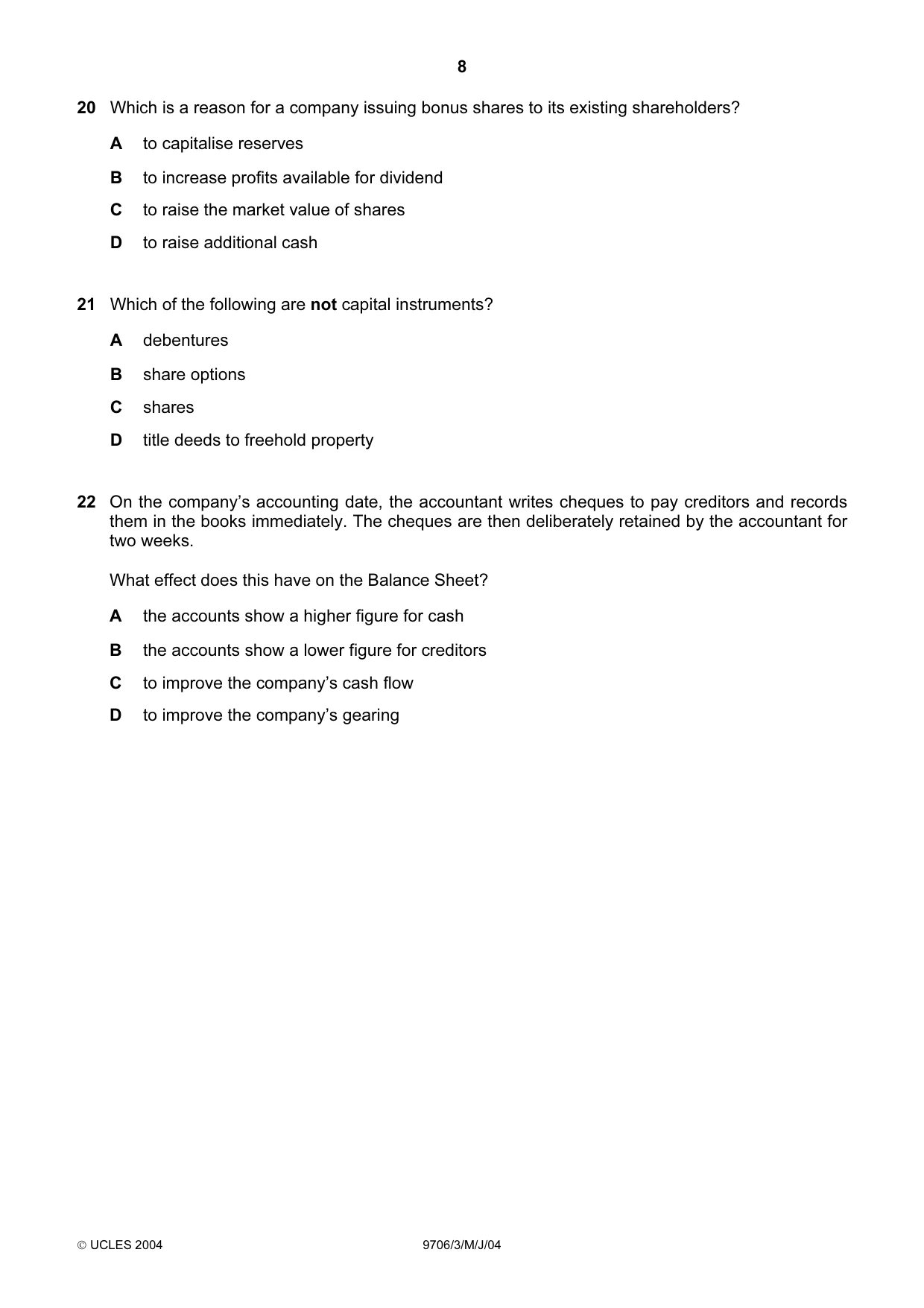 Cambridge A Level Accounting 9706 2004 May/June Paper 3 · Variant 1 question paper, page 8 of 12