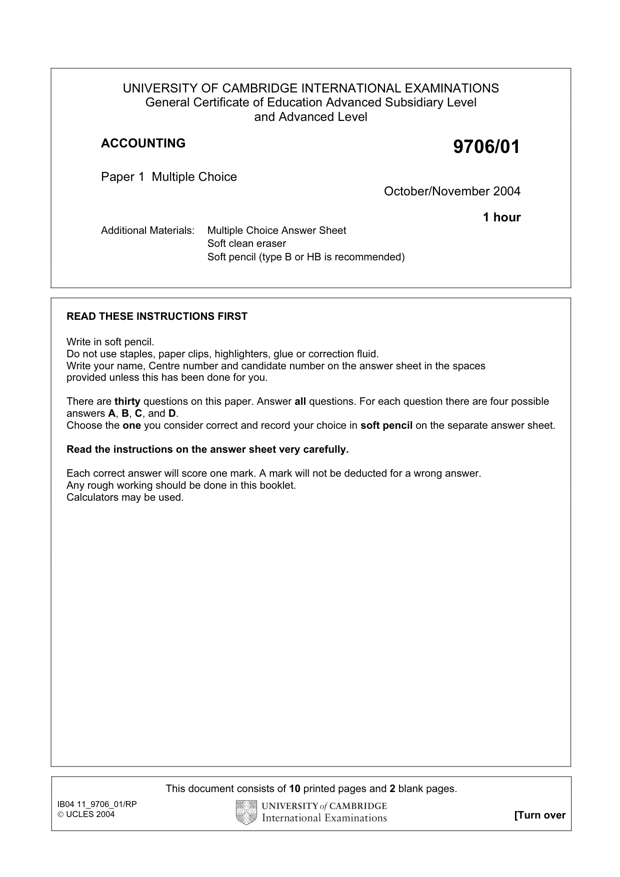 Cambridge A Level Accounting 9706 2004 Oct/Nov Paper 1 · Variant 1 question paper, page 1 of 12