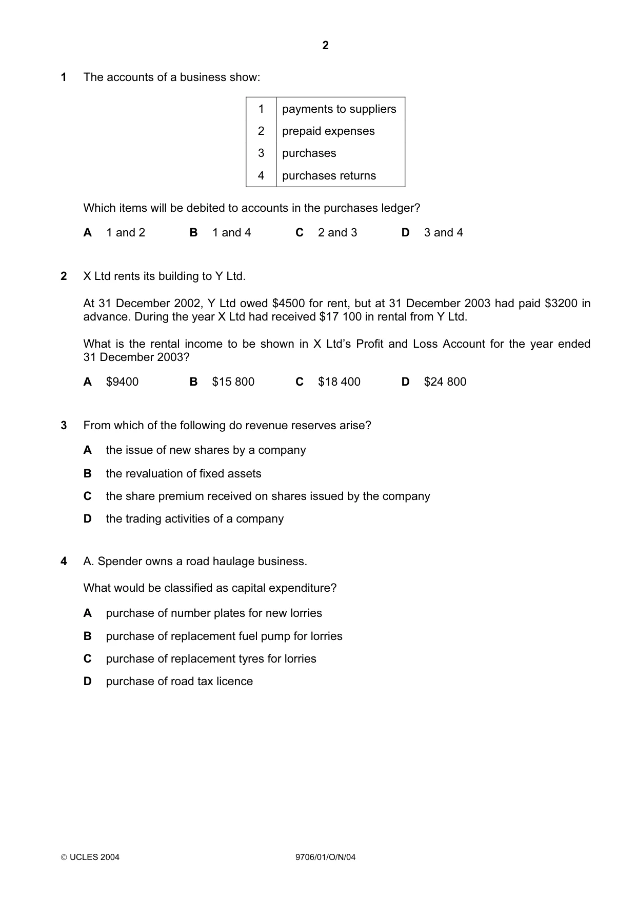 Cambridge A Level Accounting 9706 2004 Oct/Nov Paper 1 · Variant 1 question paper, page 2 of 12