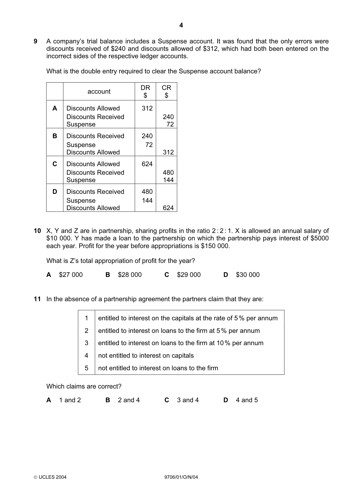 Cambridge A Level Accounting 9706 2004 Oct/Nov Paper 1 · Variant 1 question paper, page 4 of 12