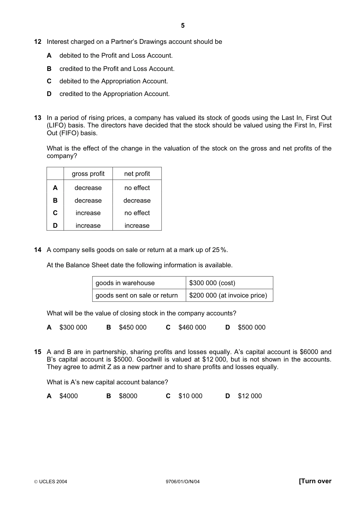 Cambridge A Level Accounting 9706 2004 Oct/Nov Paper 1 · Variant 1 question paper, page 5 of 12