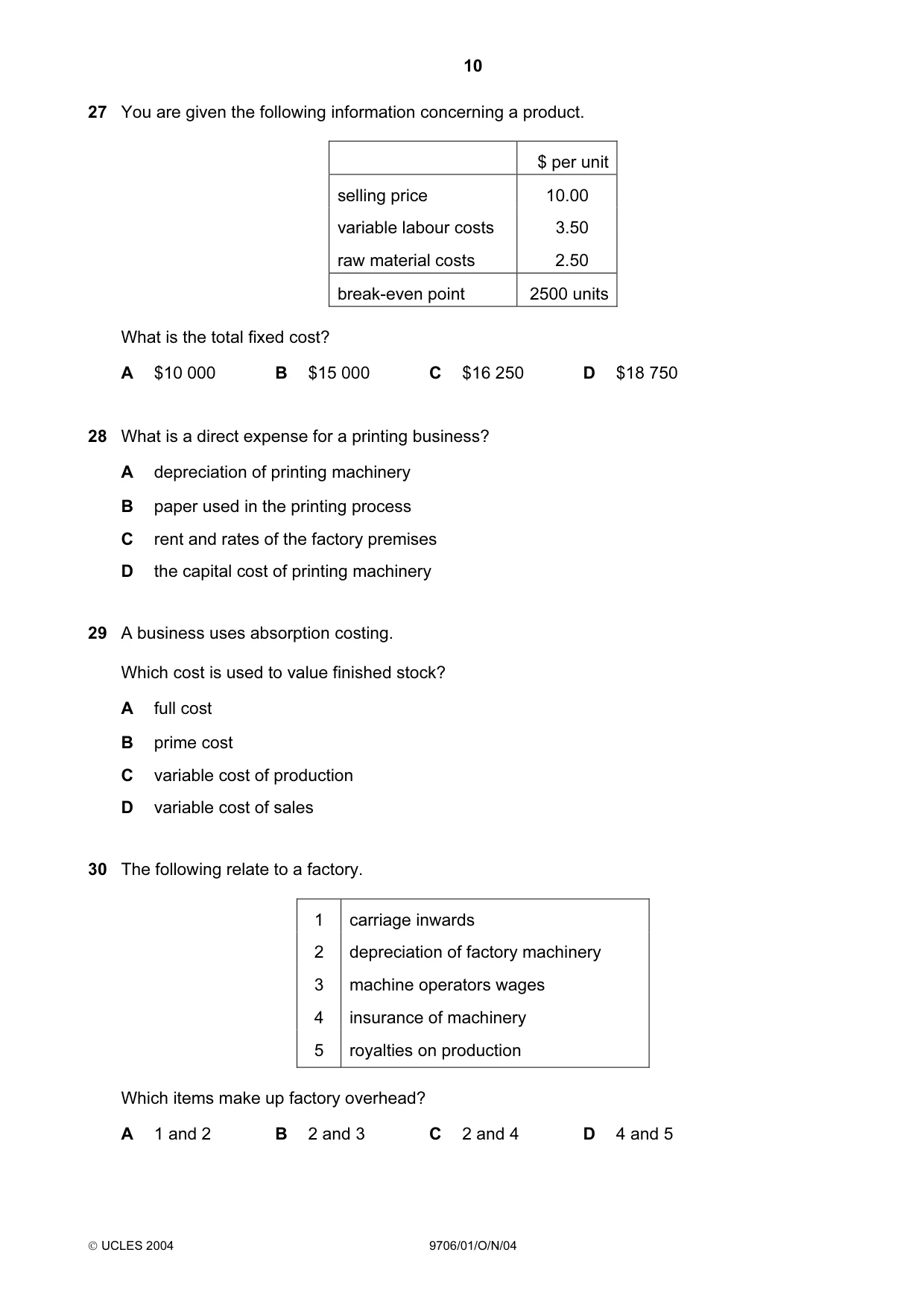 Cambridge A Level Accounting 9706 2004 Oct/Nov Paper 1 · Variant 1 question paper, page 10 of 12