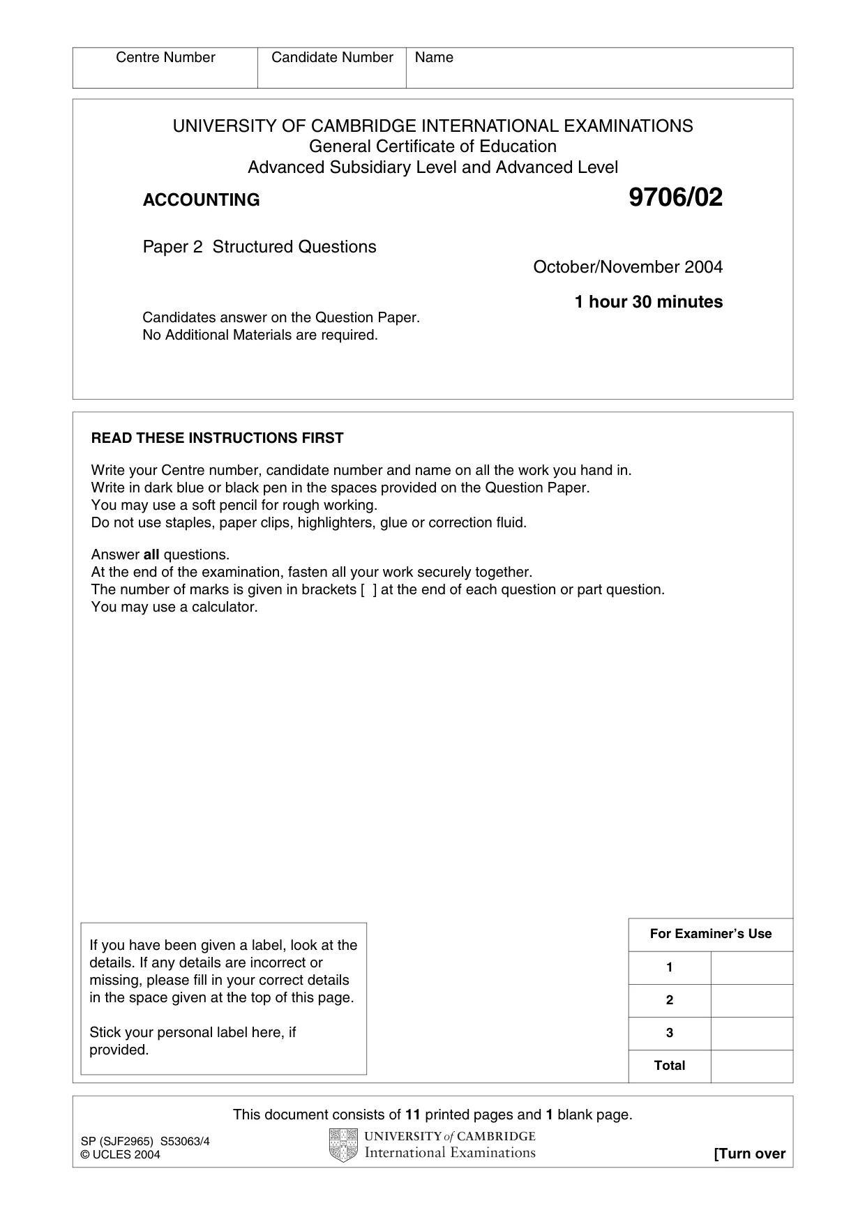 Cambridge A Level Accounting 9706 2004 Oct/Nov Paper 2 · Variant 1 question paper, page 1 of 12