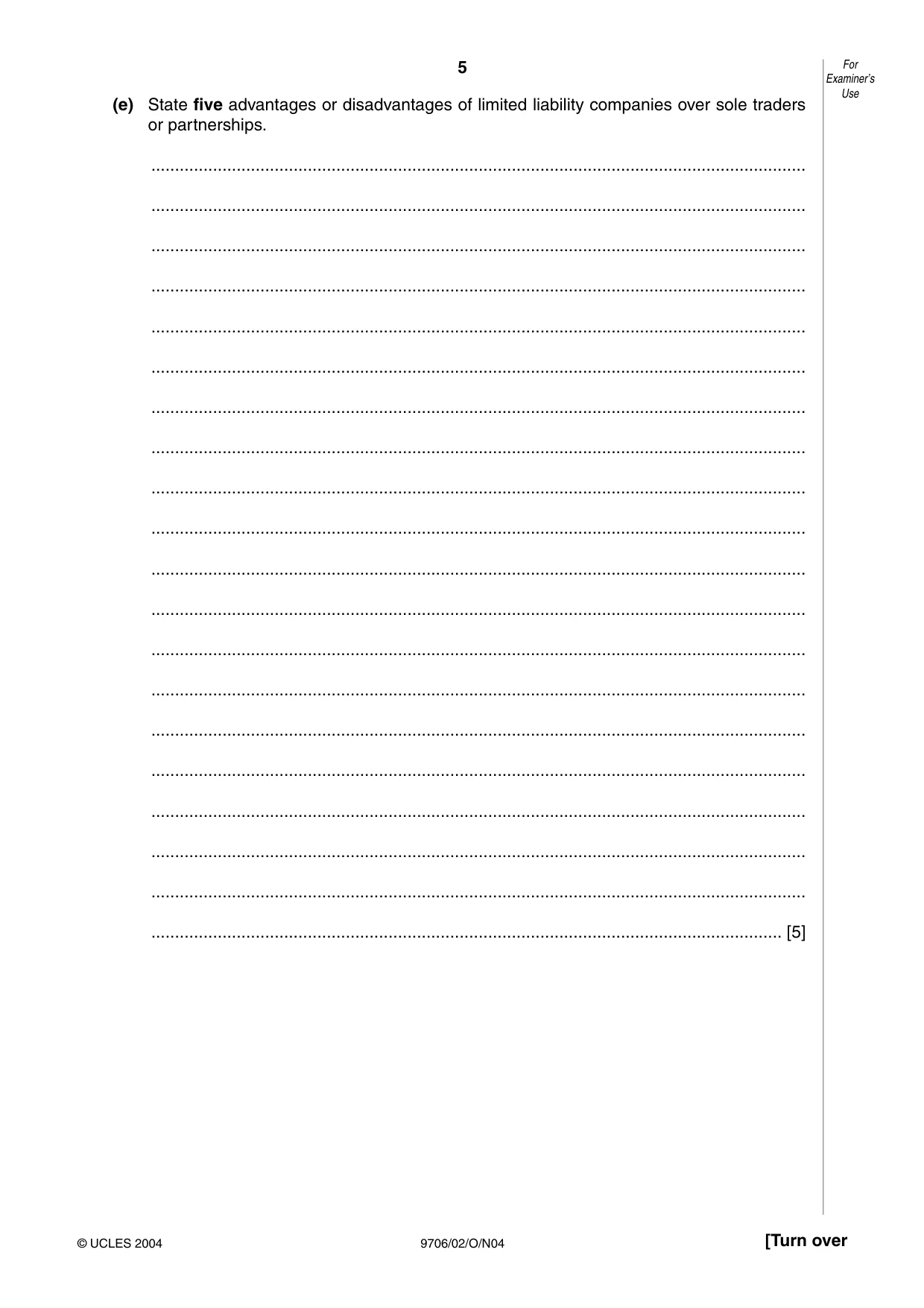 Cambridge A Level Accounting 9706 2004 Oct/Nov Paper 2 · Variant 1 question paper, page 5 of 12