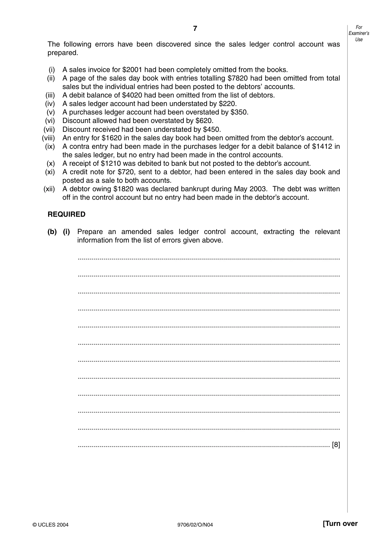 Cambridge A Level Accounting 9706 2004 Oct/Nov Paper 2 · Variant 1 question paper, page 7 of 12