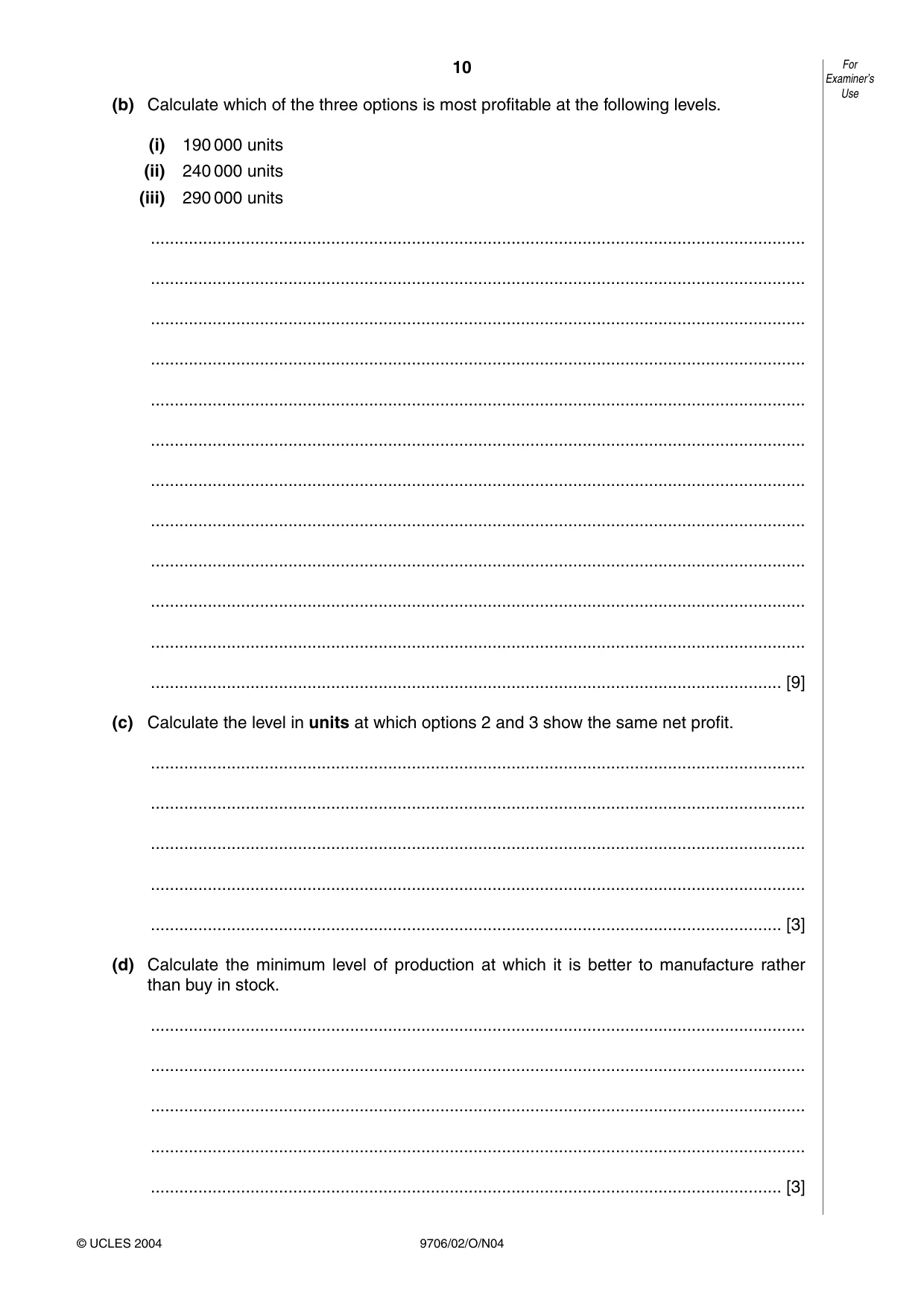 Cambridge A Level Accounting 9706 2004 Oct/Nov Paper 2 · Variant 1 question paper, page 10 of 12