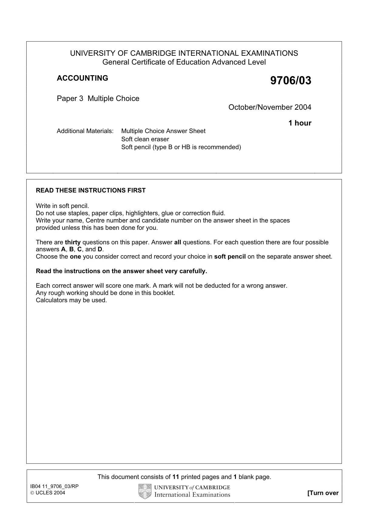 Cambridge A Level Accounting 9706 2004 Oct/Nov Paper 3 · Variant 1 question paper, page 1 of 12