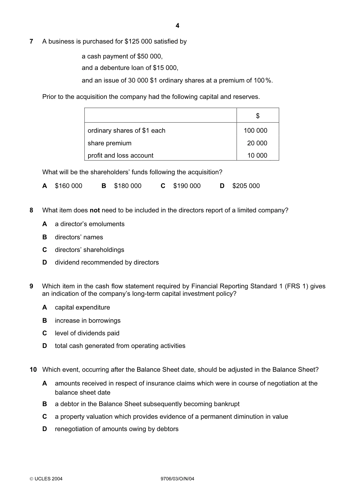 Cambridge A Level Accounting 9706 2004 Oct/Nov Paper 3 · Variant 1 question paper, page 4 of 12