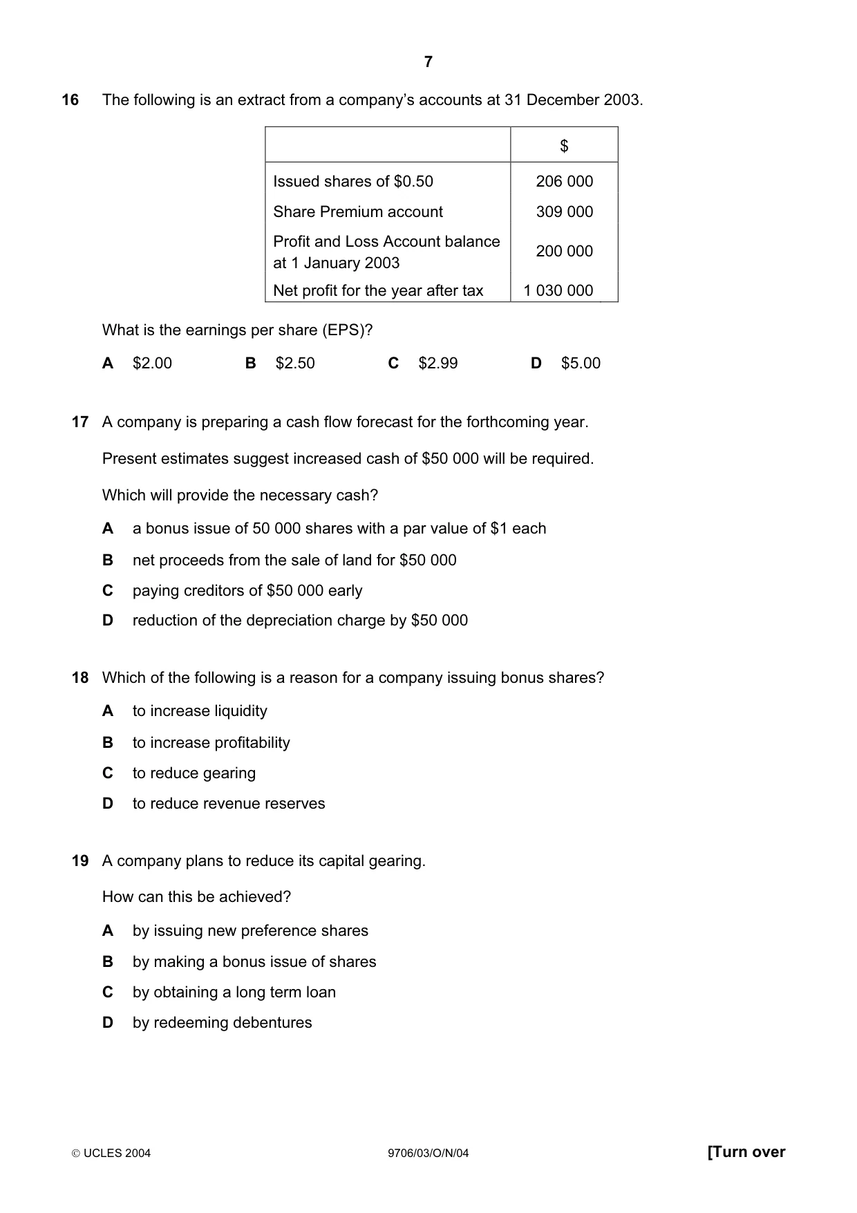 Cambridge A Level Accounting 9706 2004 Oct/Nov Paper 3 · Variant 1 question paper, page 7 of 12