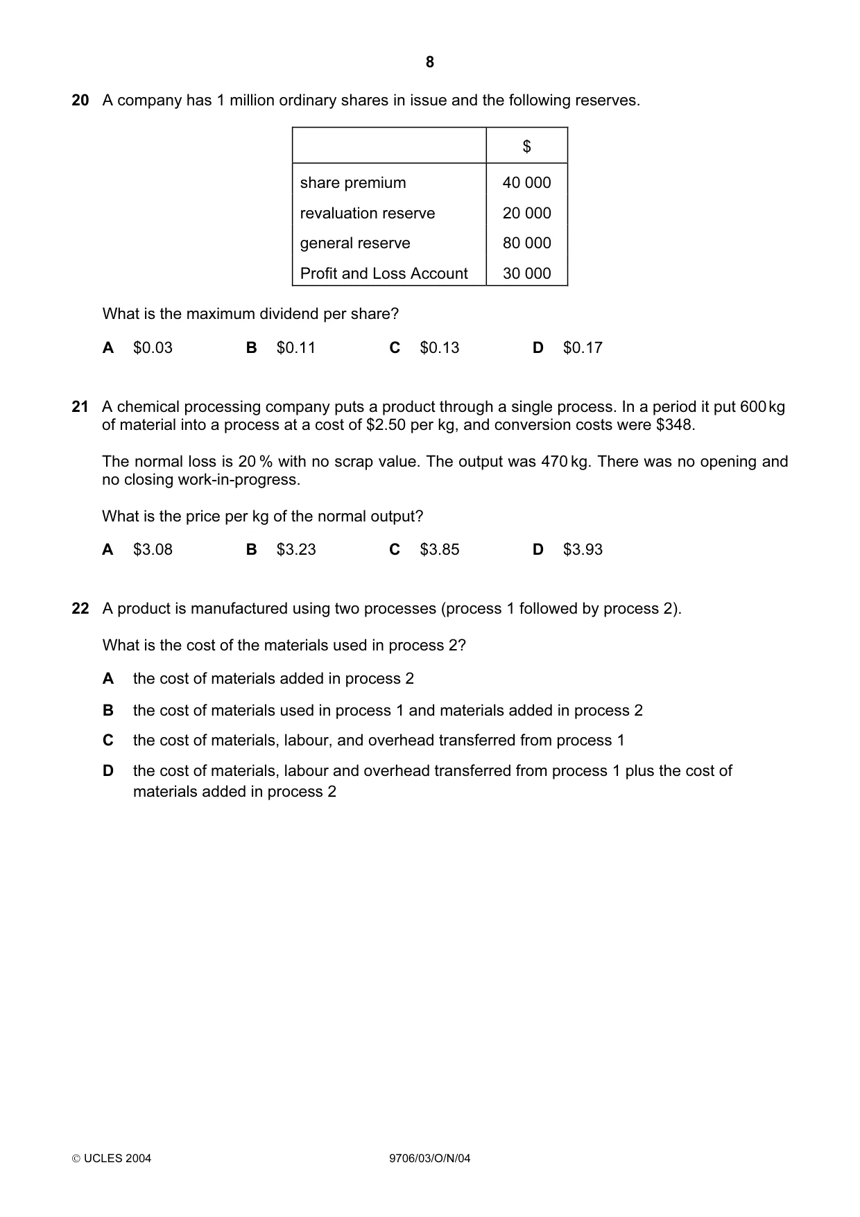 Cambridge A Level Accounting 9706 2004 Oct/Nov Paper 3 · Variant 1 question paper, page 8 of 12