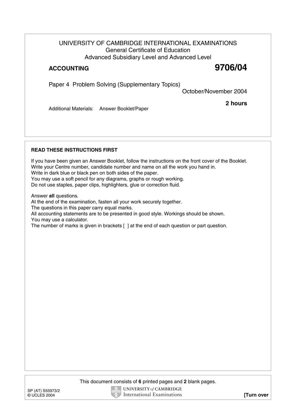Cambridge A Level Accounting 9706 2004 Oct/Nov Paper 4 · Variant 1 question paper, page 1 of 8