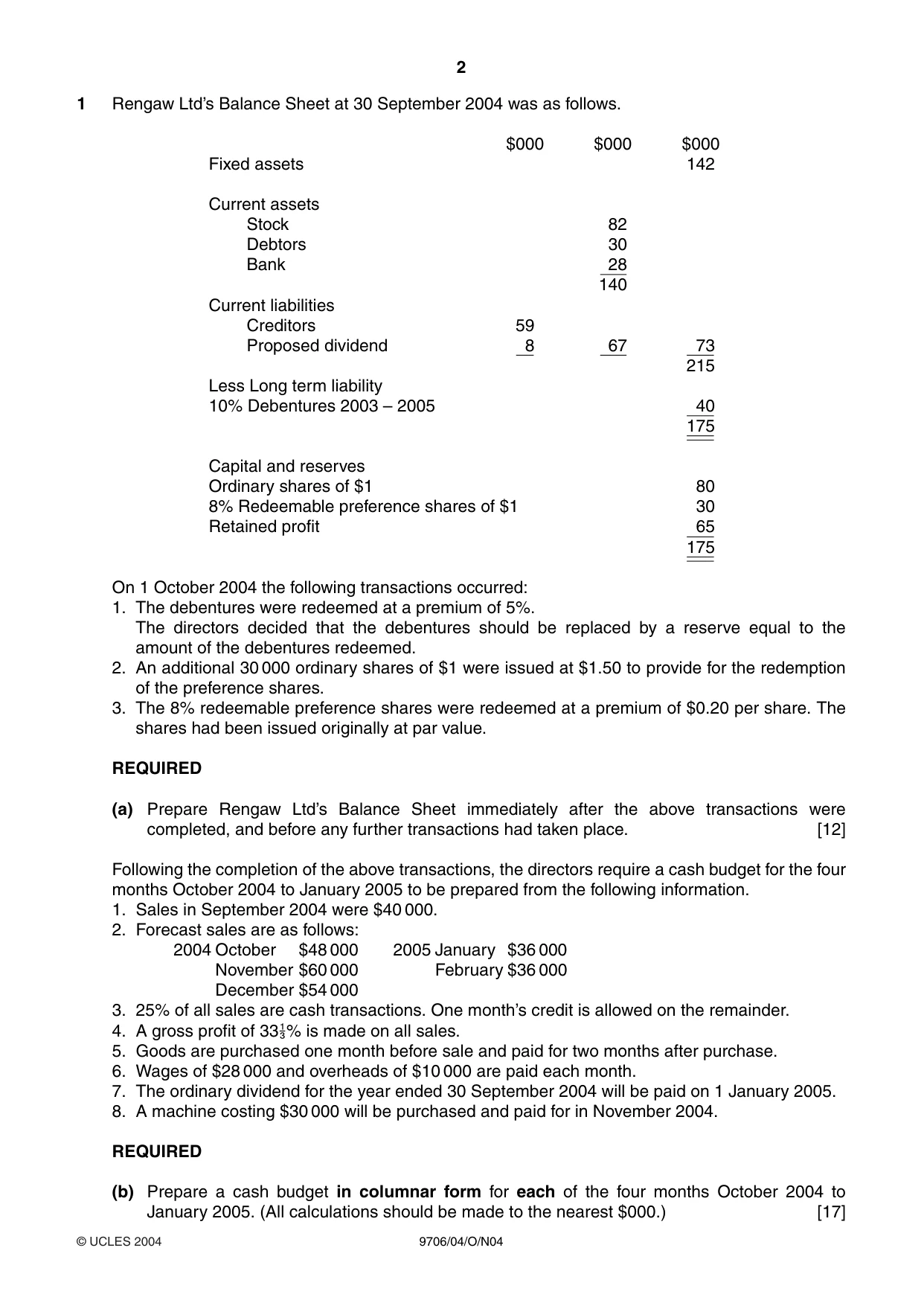 Cambridge A Level Accounting 9706 2004 Oct/Nov Paper 4 · Variant 1 question paper, page 2 of 8