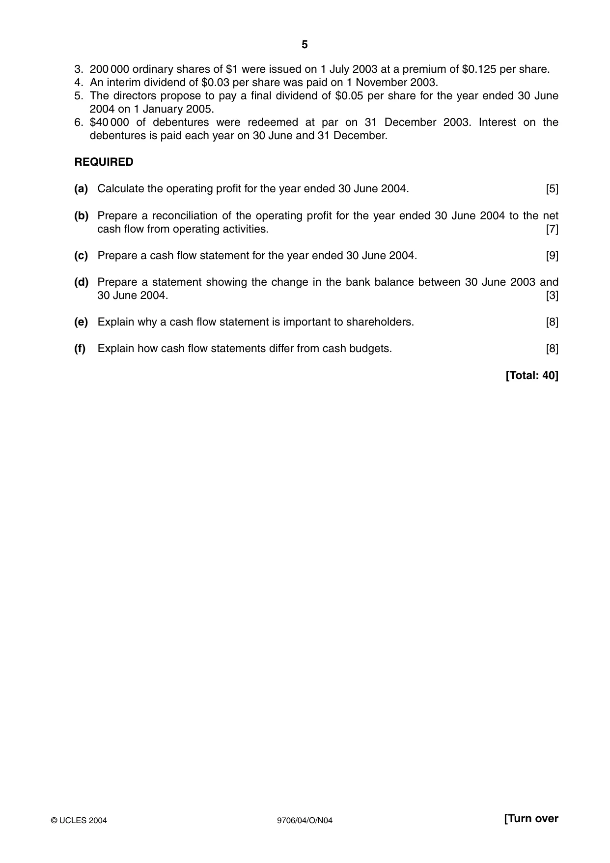 Cambridge A Level Accounting 9706 2004 Oct/Nov Paper 4 · Variant 1 question paper, page 5 of 8