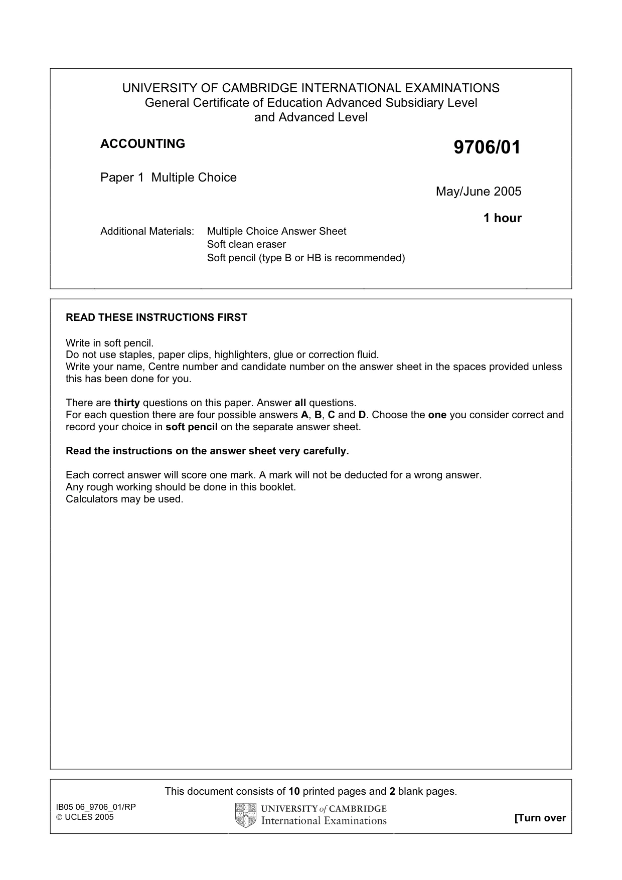 Cambridge A Level Accounting 9706 2005 May/June Paper 1 · Variant 1 question paper, page 1 of 12
