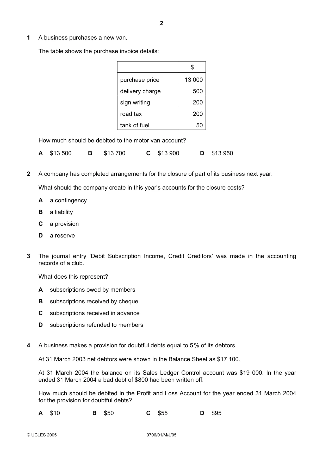 Cambridge A Level Accounting 9706 2005 May/June Paper 1 · Variant 1 question paper, page 2 of 12
