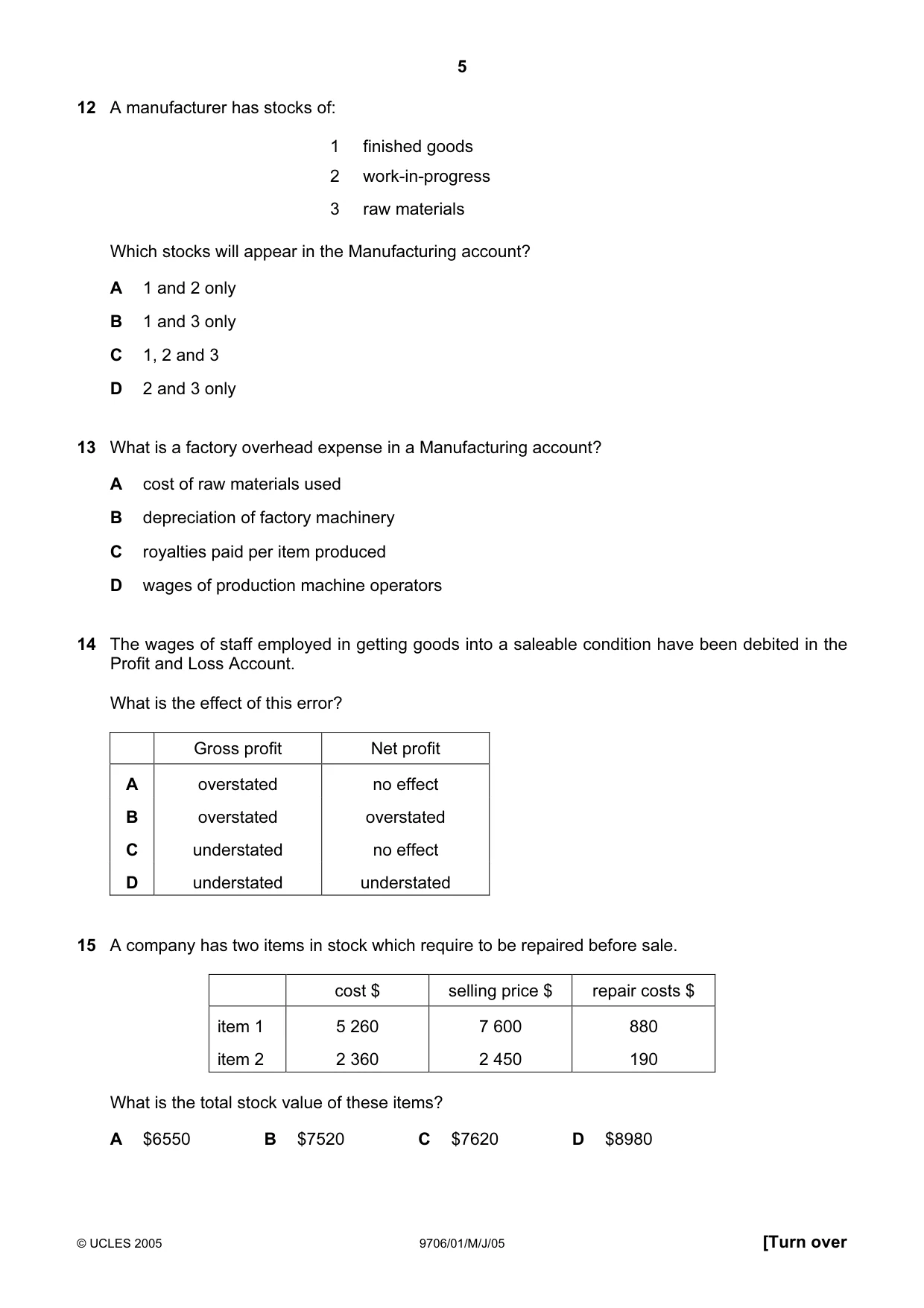 Cambridge A Level Accounting 9706 2005 May/June Paper 1 · Variant 1 question paper, page 5 of 12