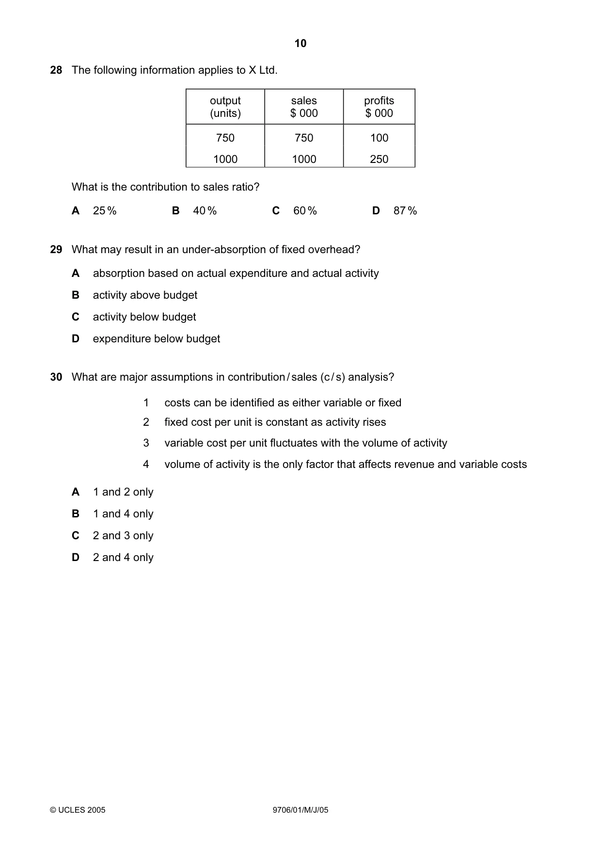 Cambridge A Level Accounting 9706 2005 May/June Paper 1 · Variant 1 question paper, page 10 of 12