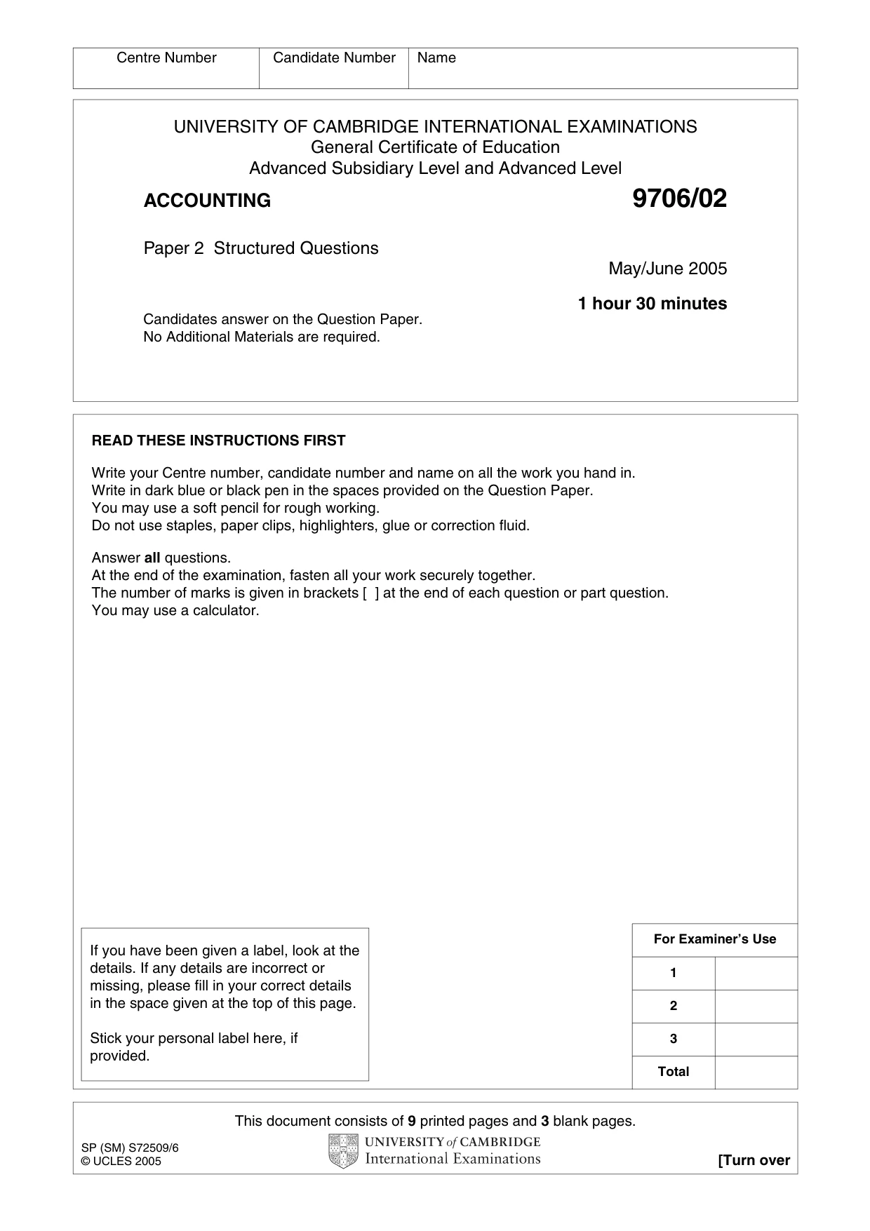 Cambridge A Level Accounting 9706 2005 May/June Paper 2 · Variant 1 question paper, page 1 of 12
