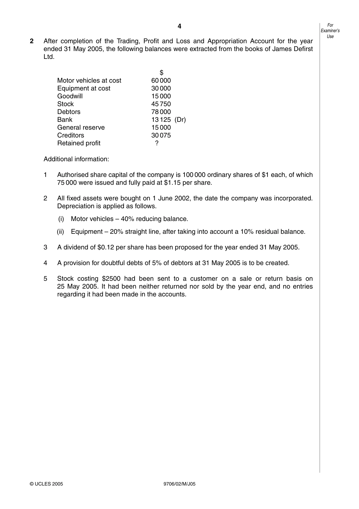 Cambridge A Level Accounting 9706 2005 May/June Paper 2 · Variant 1 question paper, page 4 of 12