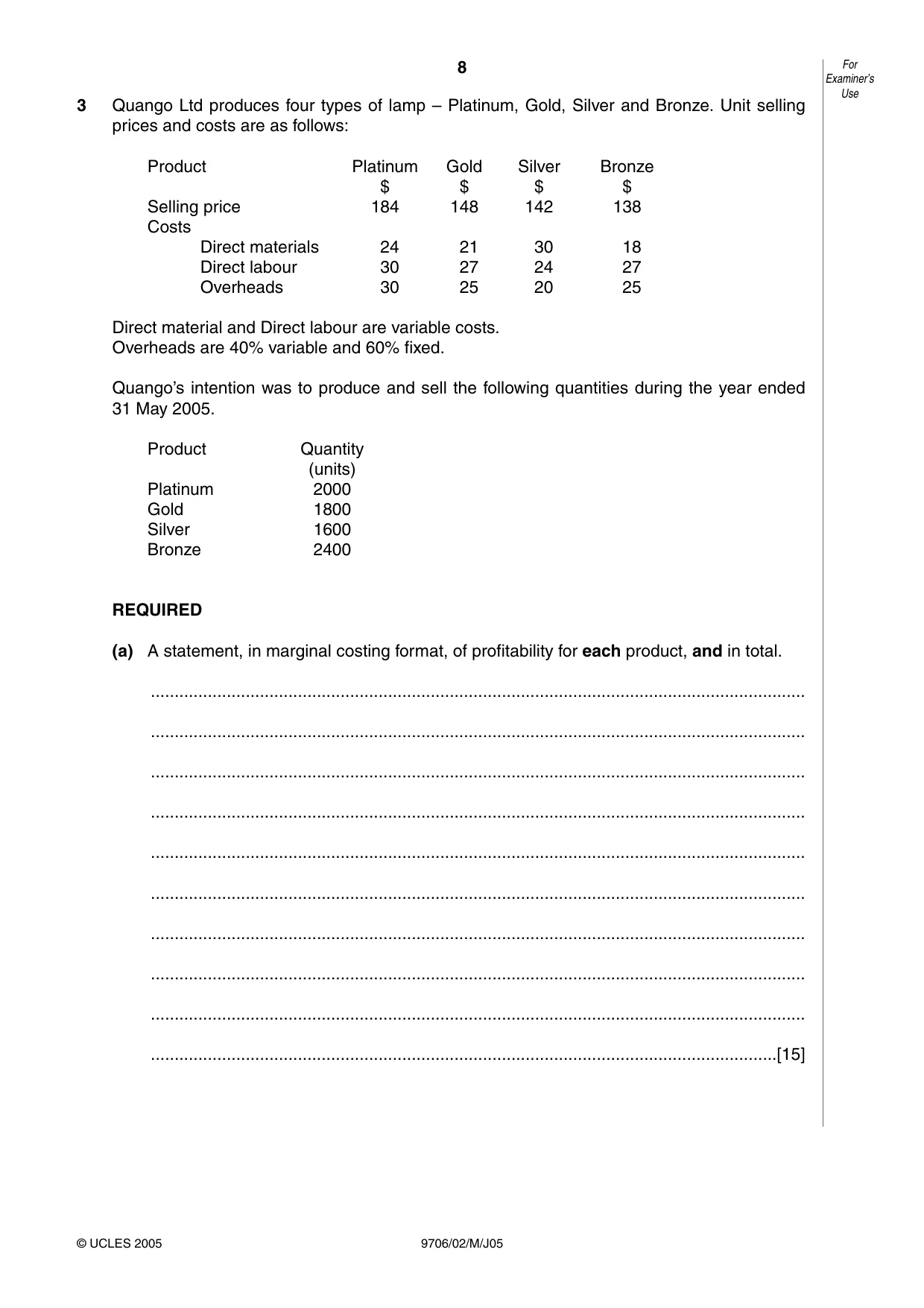 Cambridge A Level Accounting 9706 2005 May/June Paper 2 · Variant 1 question paper, page 8 of 12
