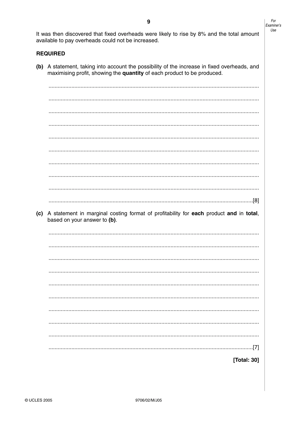 Cambridge A Level Accounting 9706 2005 May/June Paper 2 · Variant 1 question paper, page 9 of 12
