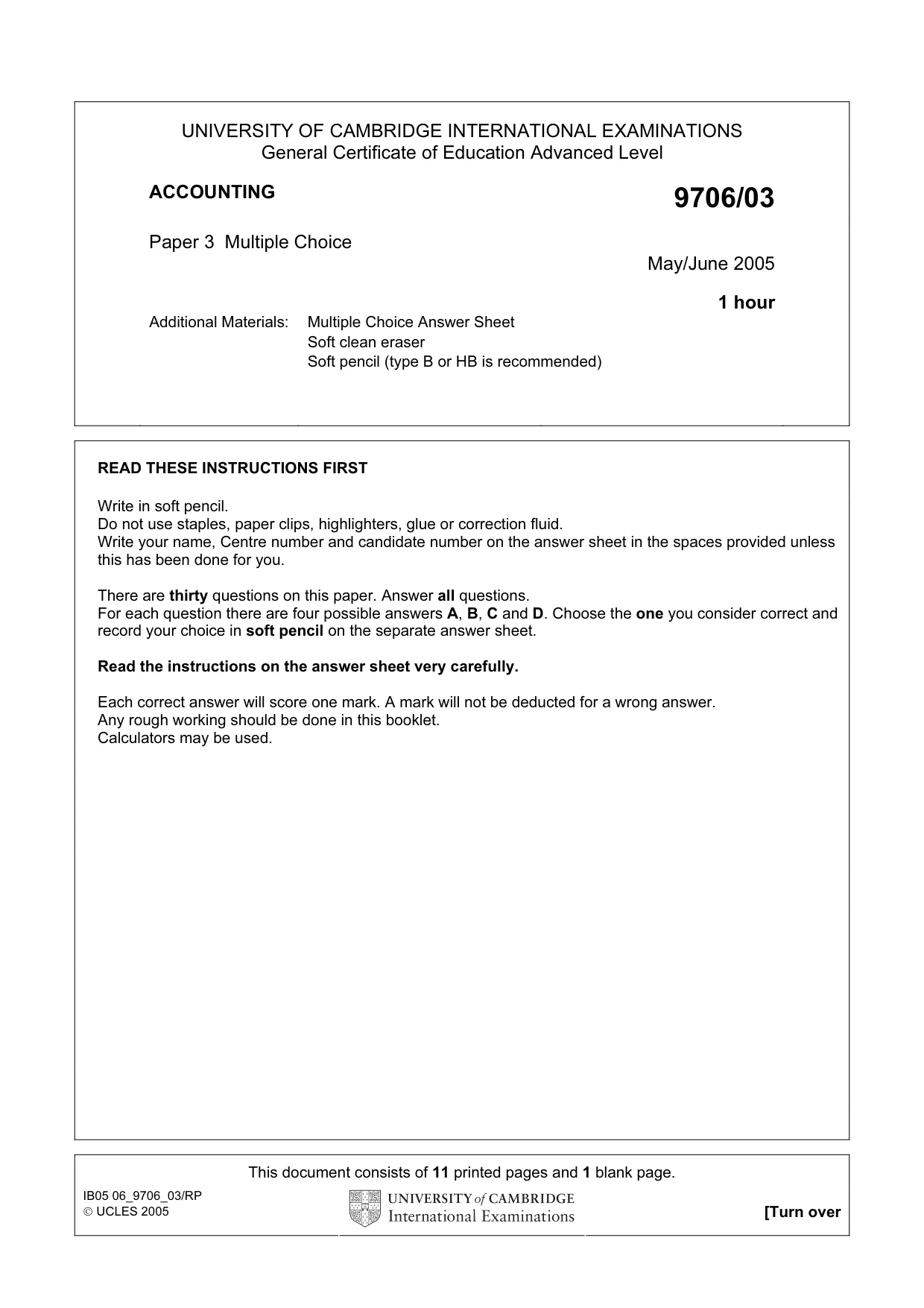 Cambridge A Level Accounting 9706 2005 May/June Paper 3 · Variant 1 question paper, page 1 of 12