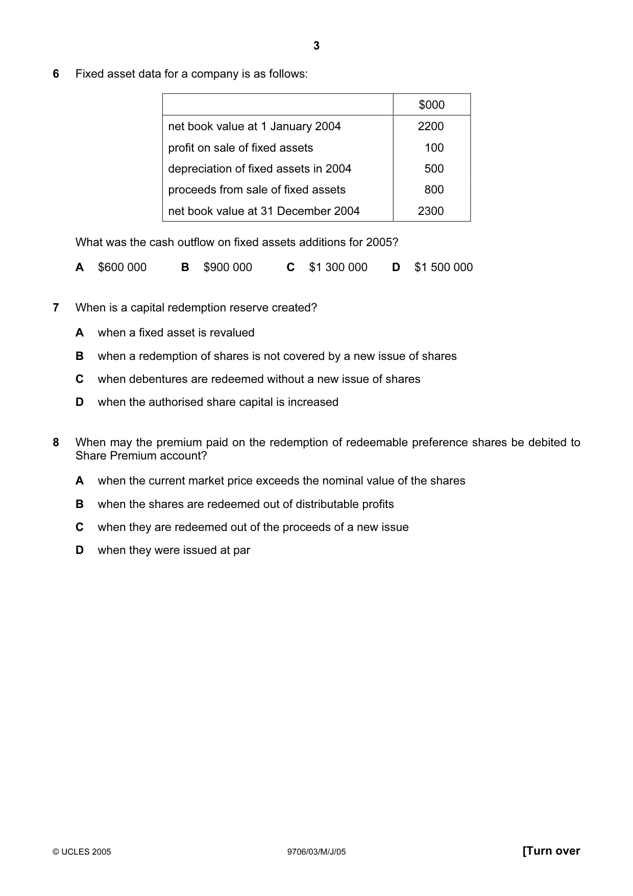 Cambridge A Level Accounting 9706 2005 May/June Paper 3 · Variant 1 question paper, page 3 of 12