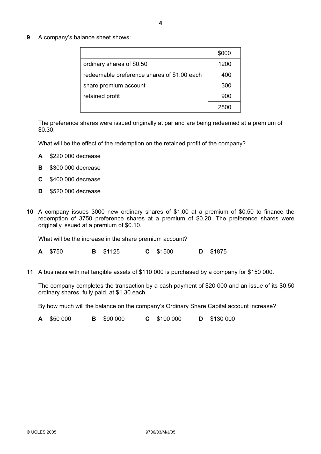 Cambridge A Level Accounting 9706 2005 May/June Paper 3 · Variant 1 question paper, page 4 of 12