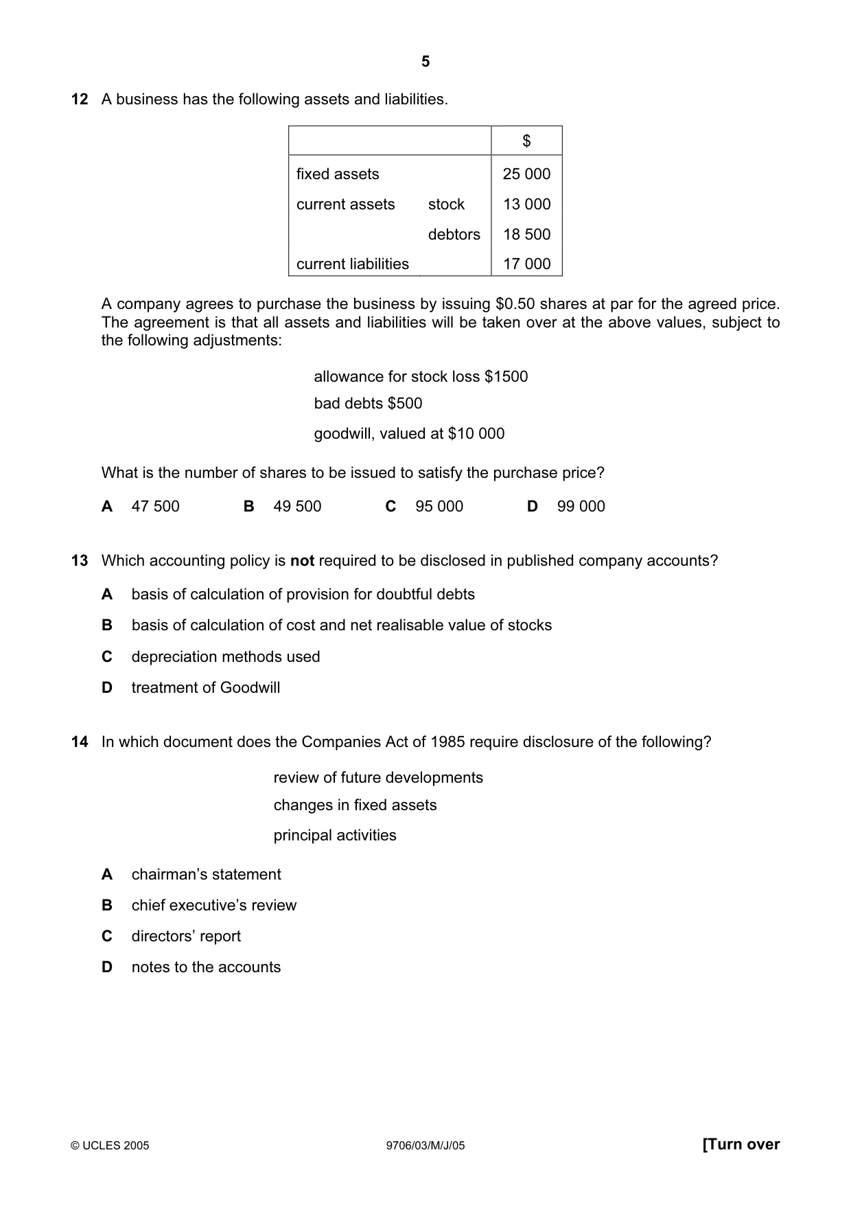 Cambridge A Level Accounting 9706 2005 May/June Paper 3 · Variant 1 question paper, page 5 of 12