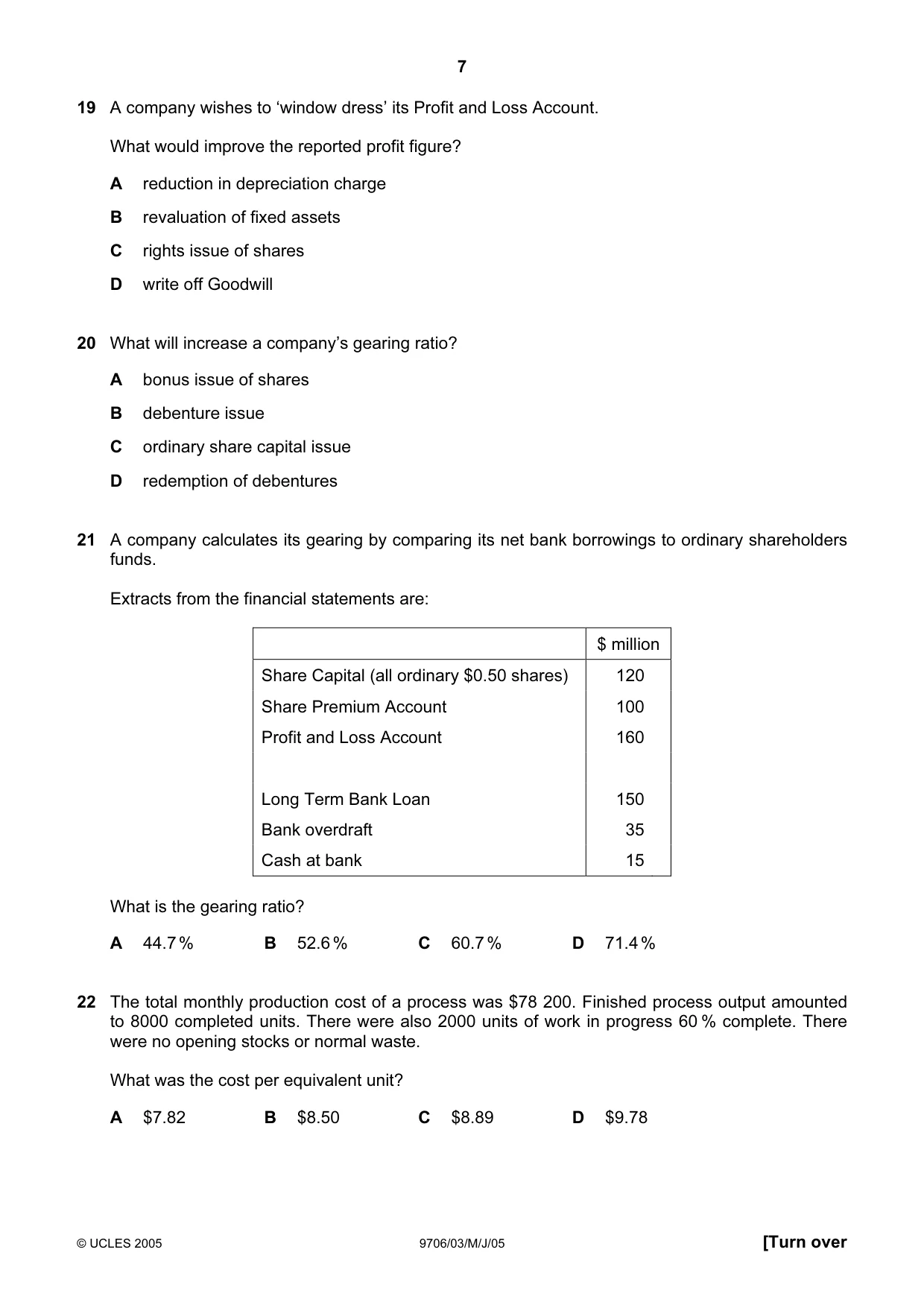 Cambridge A Level Accounting 9706 2005 May/June Paper 3 · Variant 1 question paper, page 7 of 12