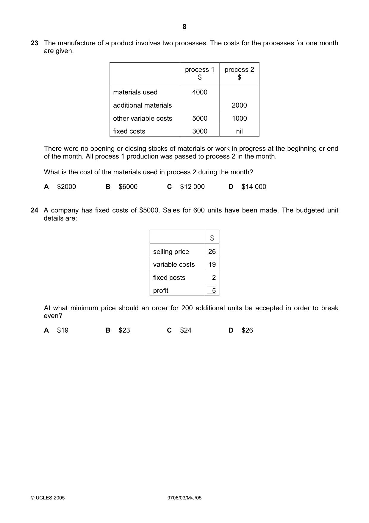 Cambridge A Level Accounting 9706 2005 May/June Paper 3 · Variant 1 question paper, page 8 of 12