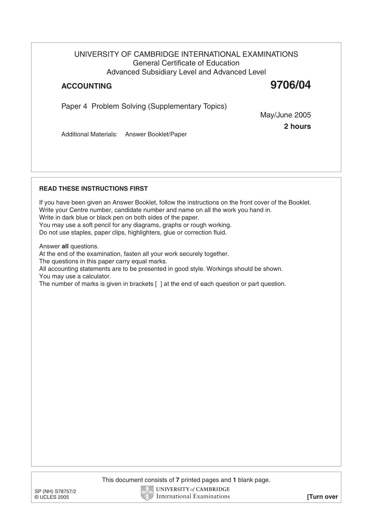 Cambridge A Level Accounting 9706 2005 May/June Paper 4 · Variant 1 question paper, page 1 of 8