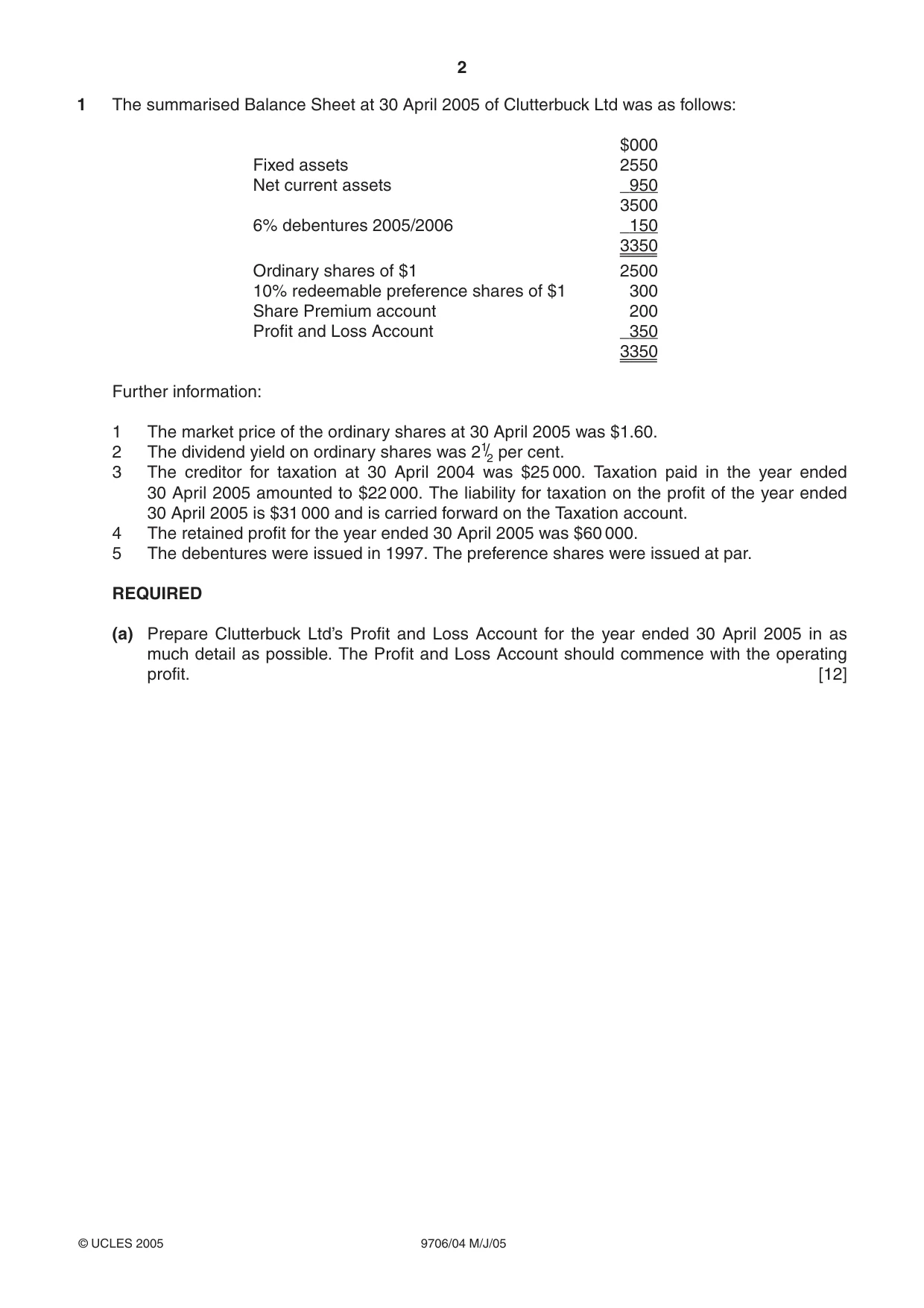 Cambridge A Level Accounting 9706 2005 May/June Paper 4 · Variant 1 question paper, page 2 of 8