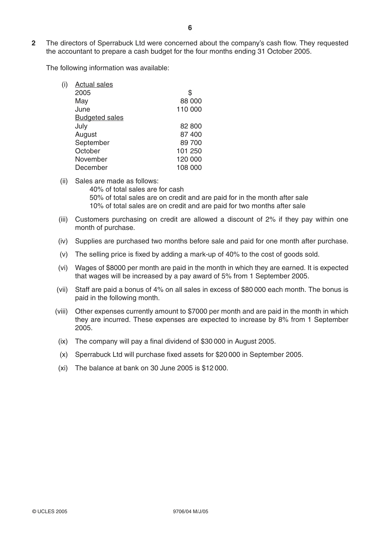Cambridge A Level Accounting 9706 2005 May/June Paper 4 · Variant 1 question paper, page 6 of 8