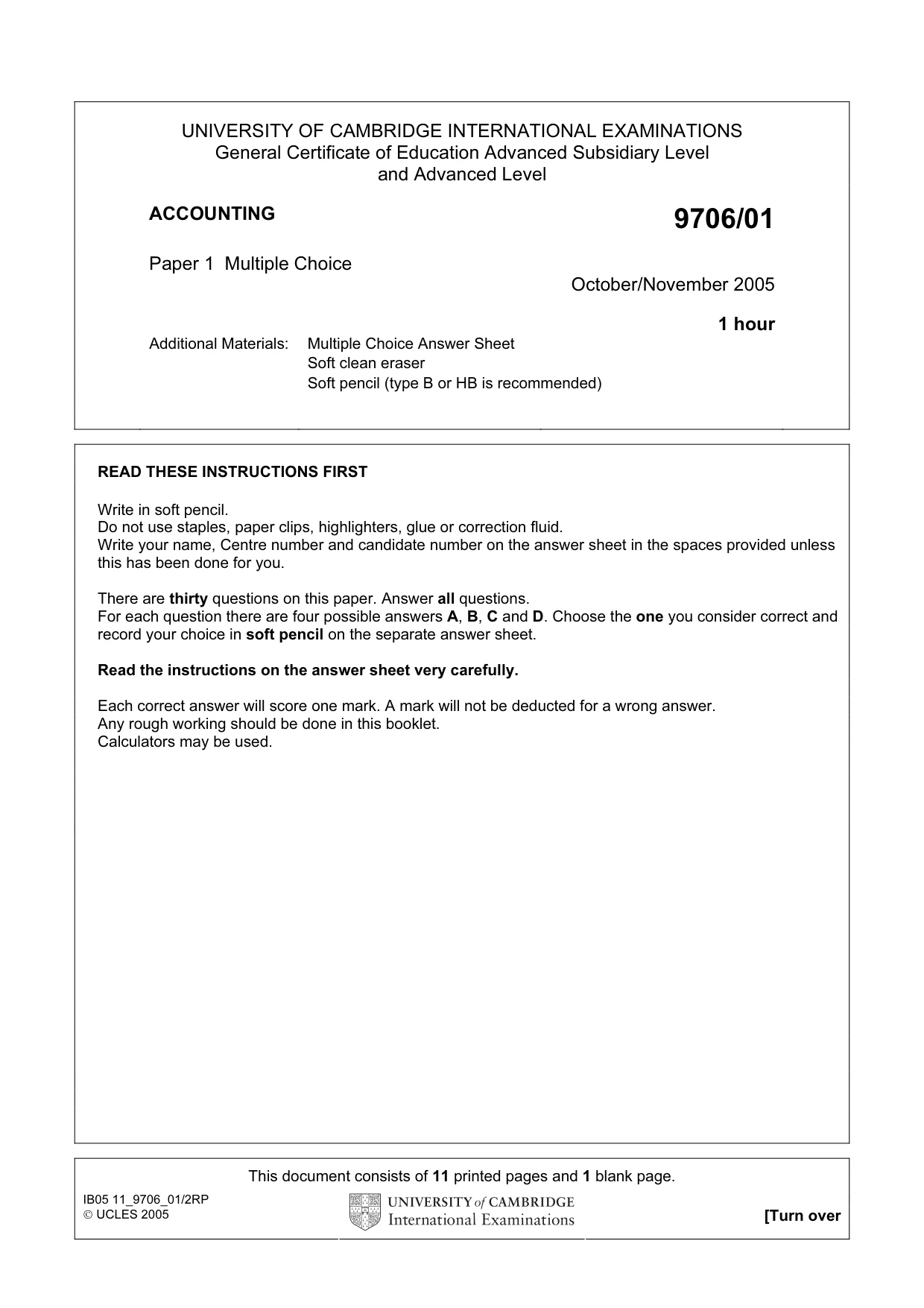 Cambridge A Level Accounting 9706 2005 Oct/Nov Paper 1 · Variant 1 question paper, page 1 of 12