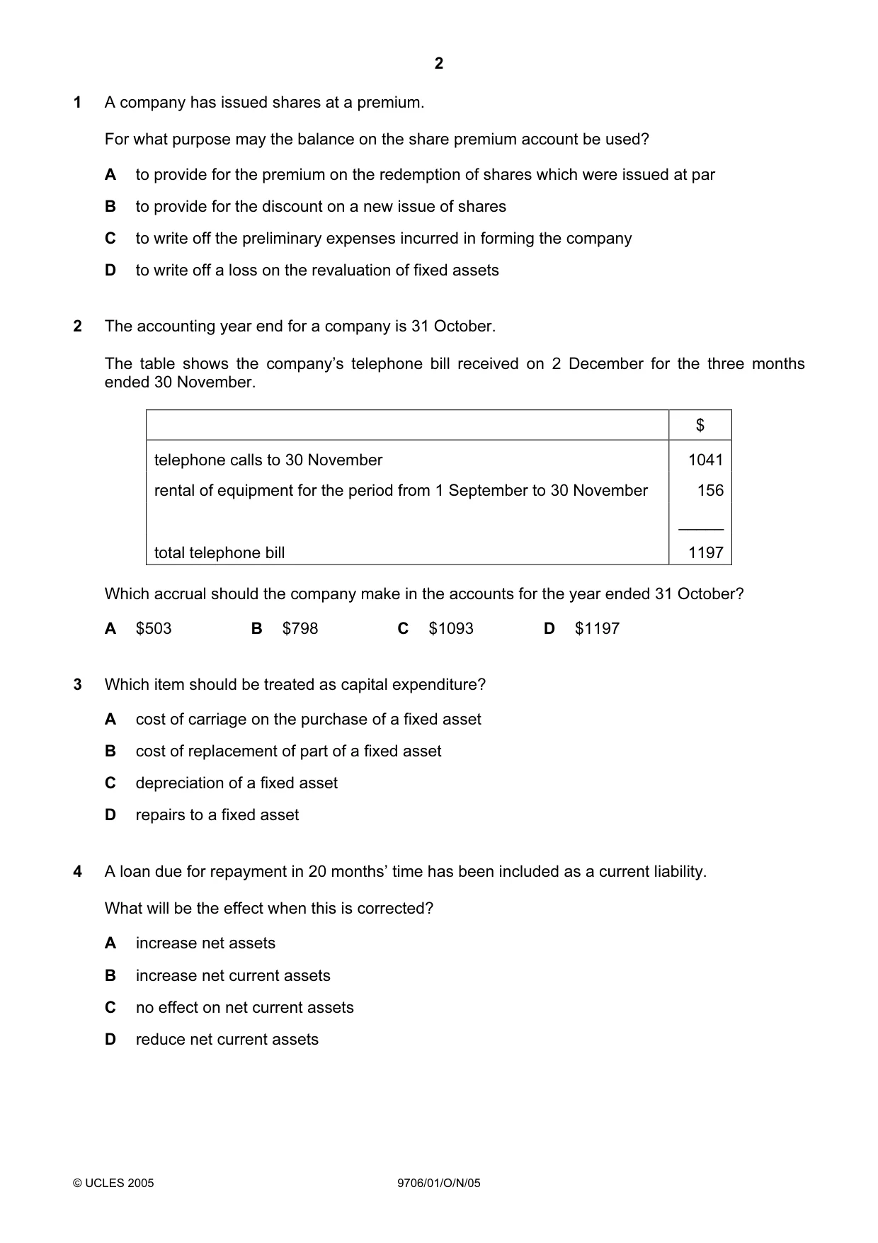Cambridge A Level Accounting 9706 2005 Oct/Nov Paper 1 · Variant 1 question paper, page 2 of 12