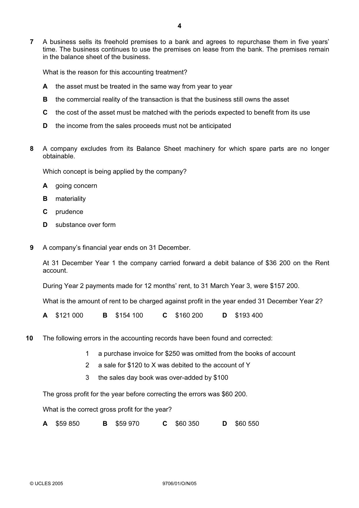 Cambridge A Level Accounting 9706 2005 Oct/Nov Paper 1 · Variant 1 question paper, page 4 of 12