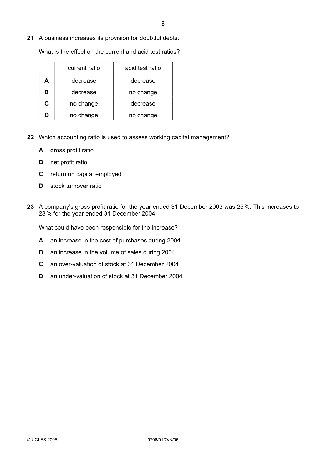 Cambridge A Level Accounting 9706 2005 Oct/Nov Paper 1 · Variant 1 question paper, page 8 of 12